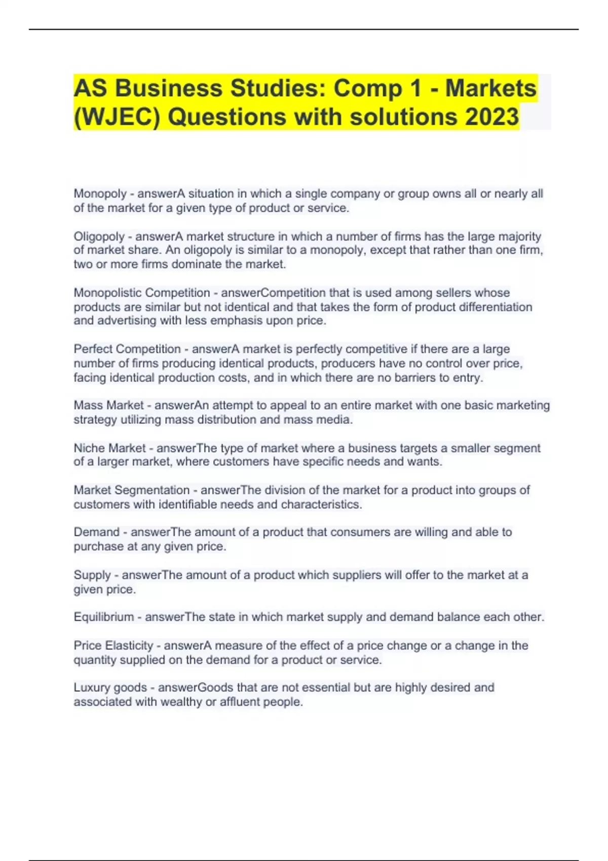 AS Business Studies Comp 1 Markets (WJEC) Questions with solutions
