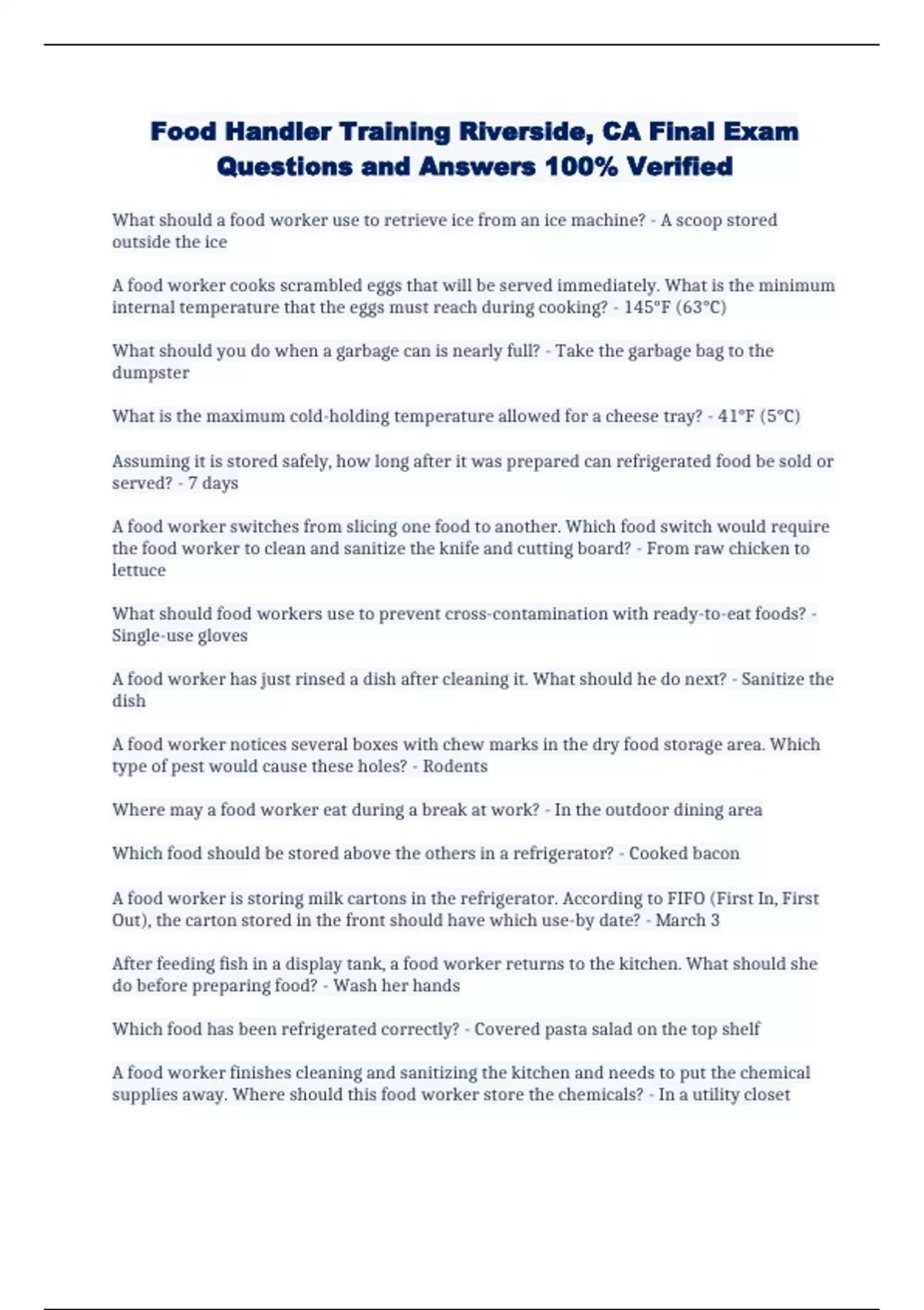 Food Handler Training Riverside, CA Final Exam Questions and Answers