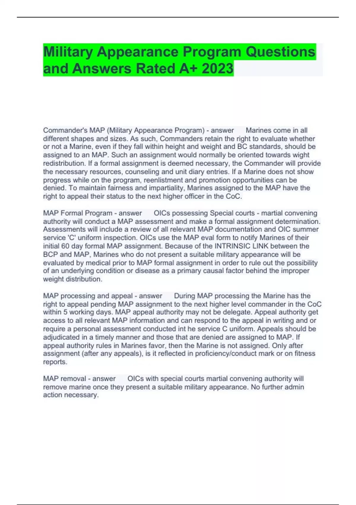 Military Appearance Program Questions and Answers Rated A+ 2023 BCMAP