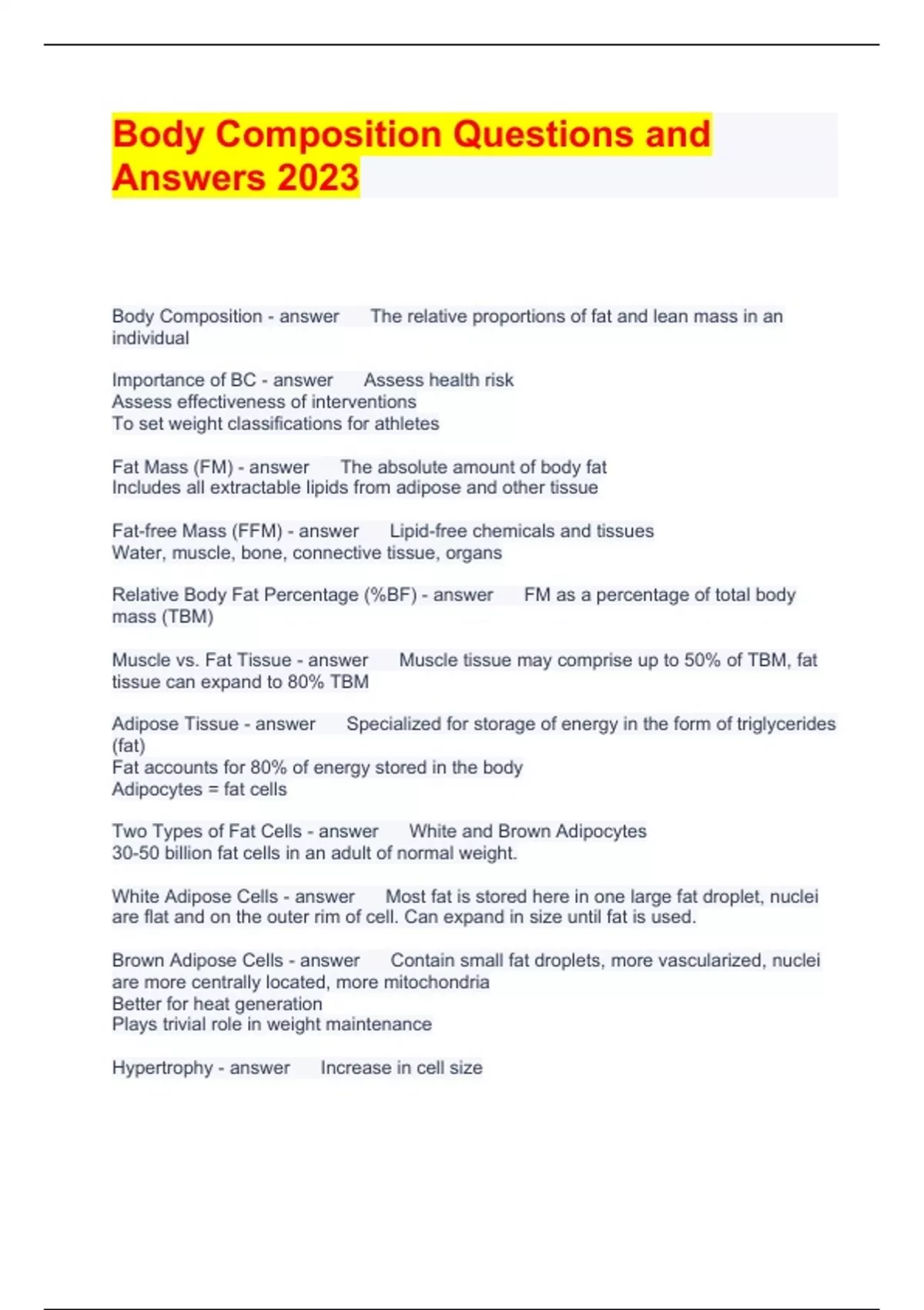 Body Composition Questions and Answers 2023 BCMAP Stuvia US