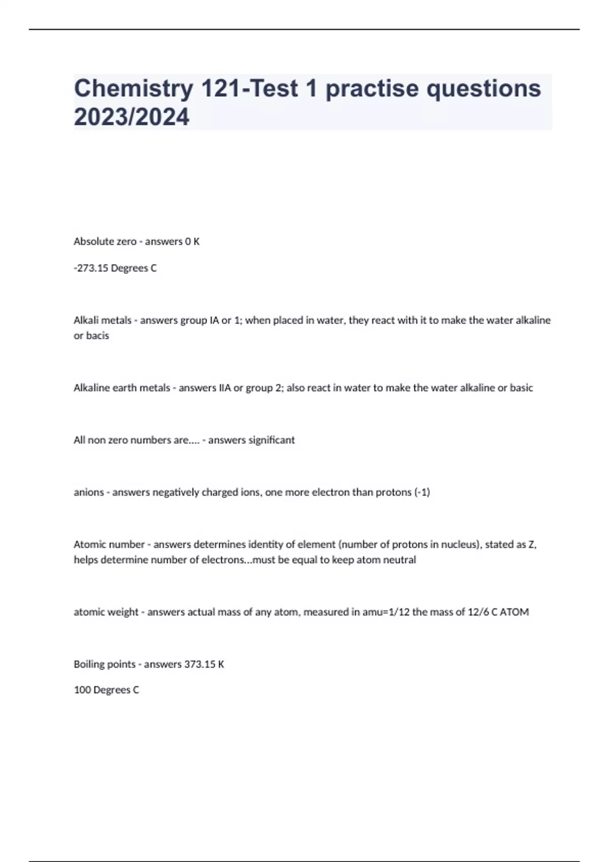 Chemistry 121-Test 1 practice questions 2023/2024 - Chemistry - Stuvia US