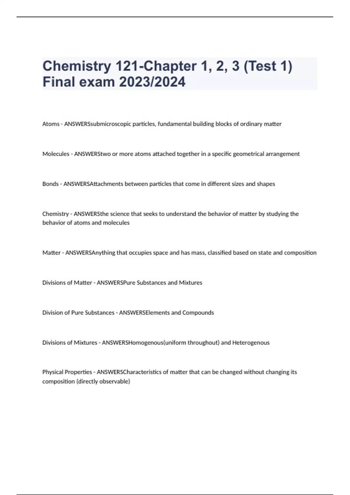 Chemistry 121-Chapter 1, 2, 3 (Test 1) Final exam 2023/2024 - Chemistry ...