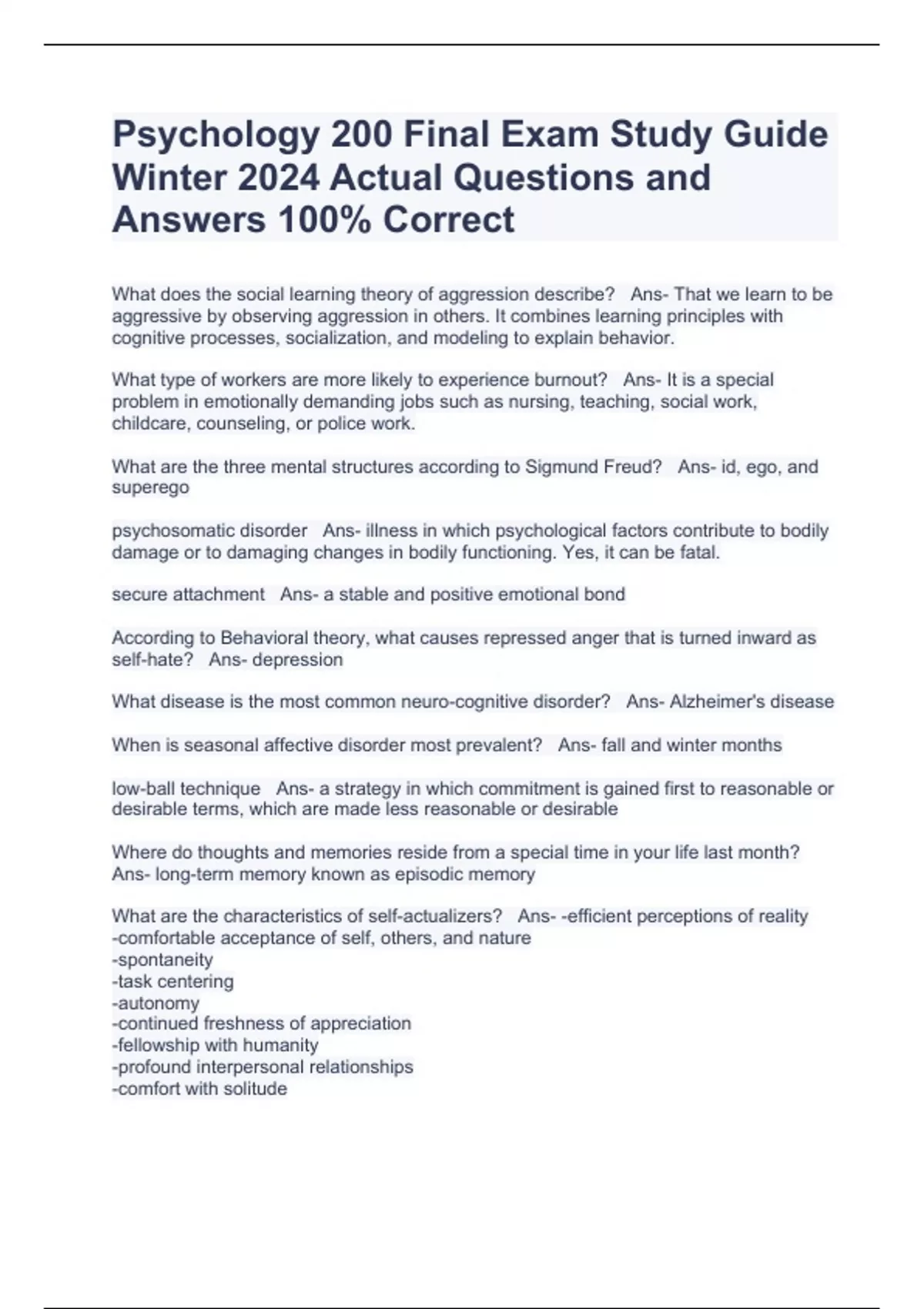Psychology 200 Final Exam Study Guide Winter 2024 Actual Questions and ...