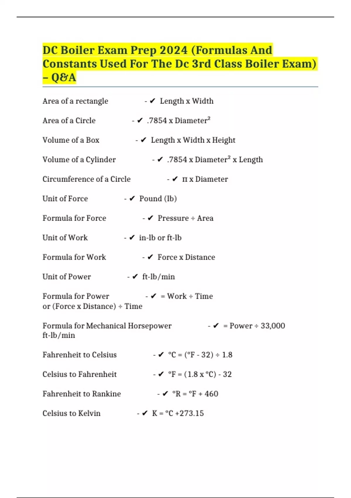 DC Boiler Exam Prep 2024 (Formulas And Constants Used For The Dc 3rd