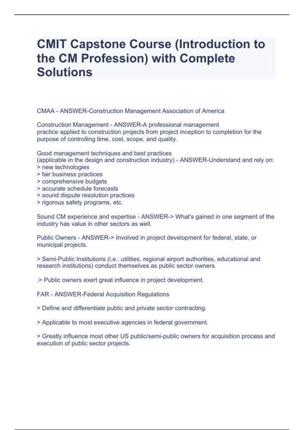 CMIT Capstone Course (Introduction to the CM Profession) with Complete ...