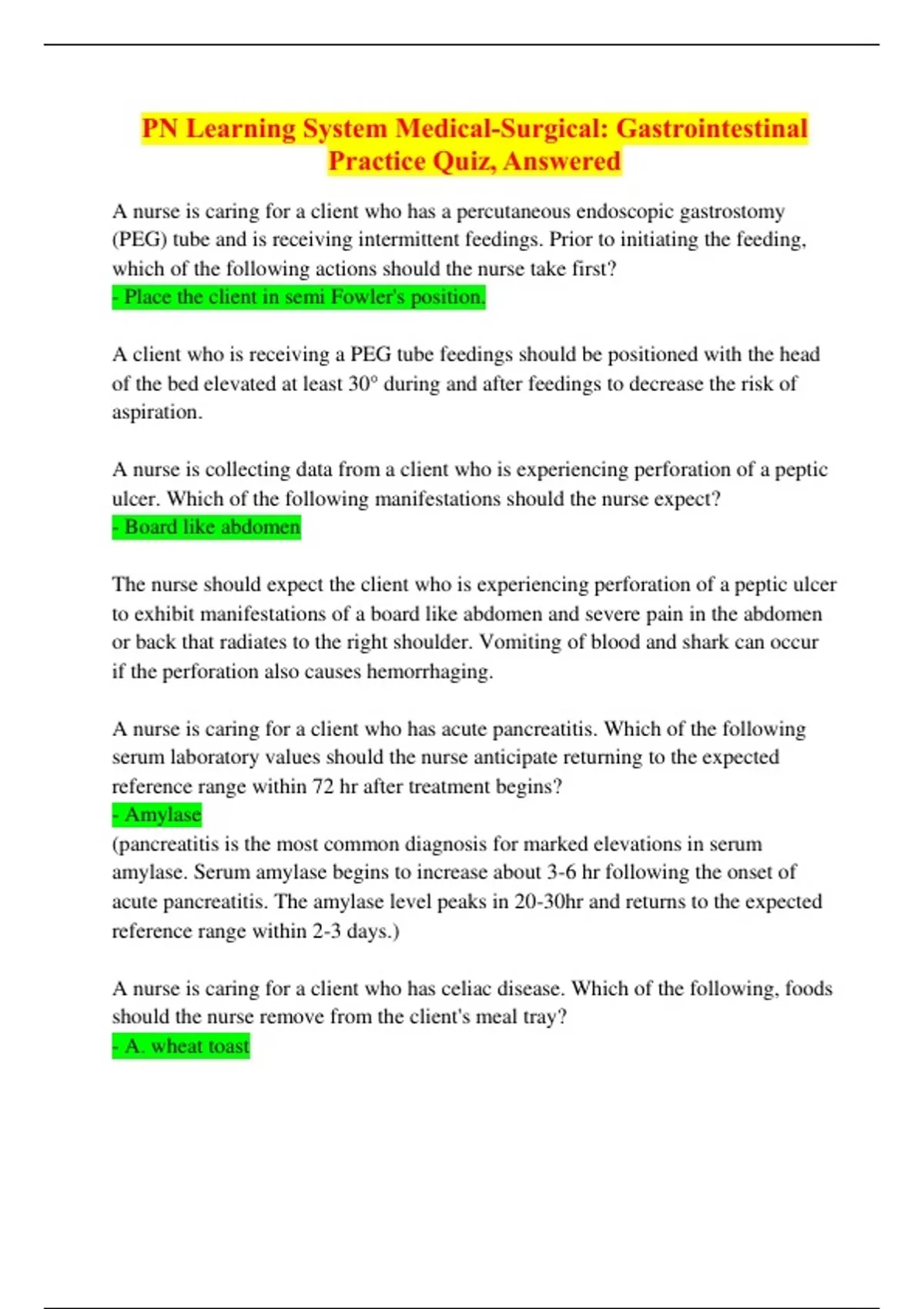 PN Learning System MedicalSurgical Gastrointestinal Practice Quiz