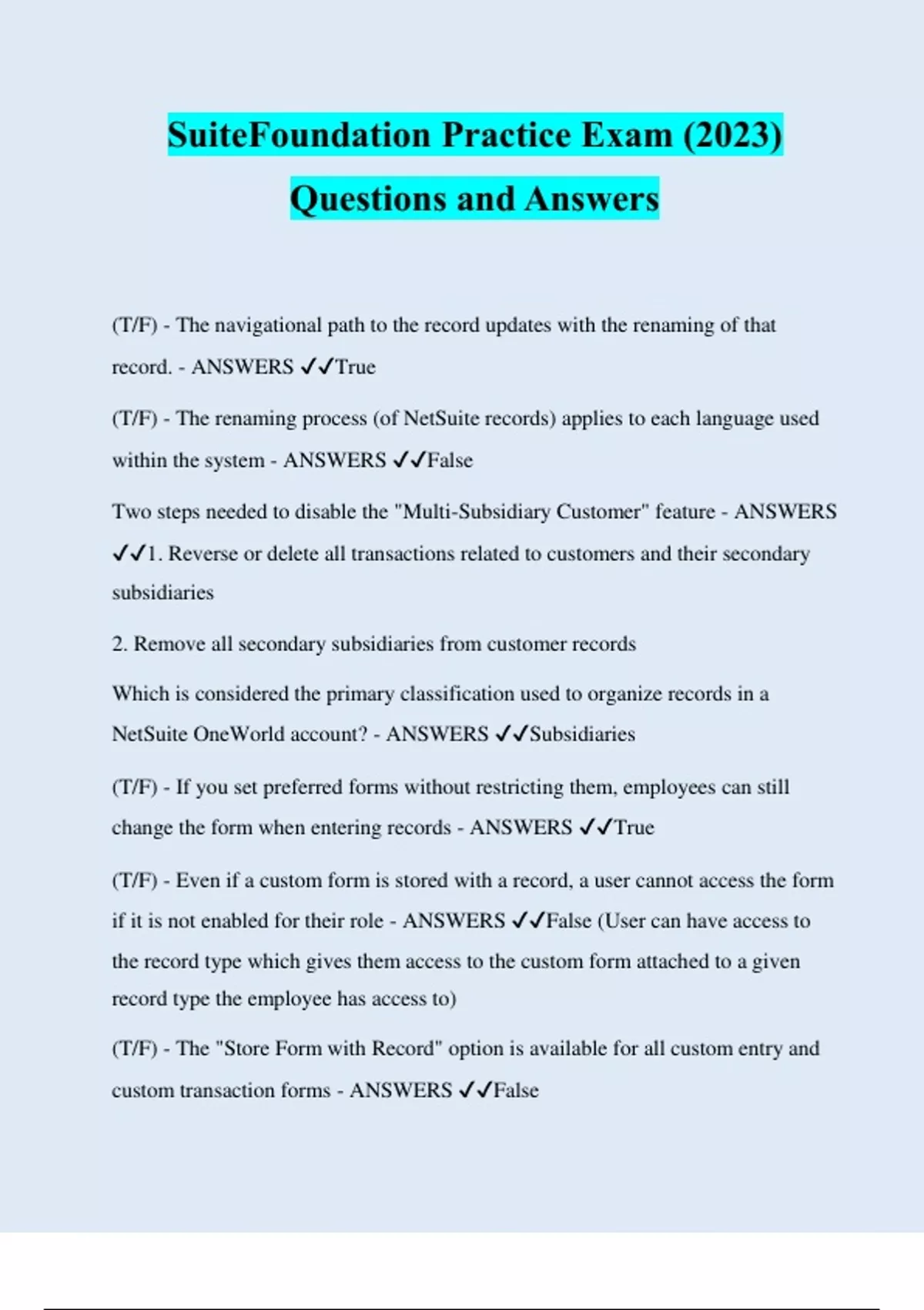 SuiteFoundation Practice Exam (2023) Questions and Answers NetSuite