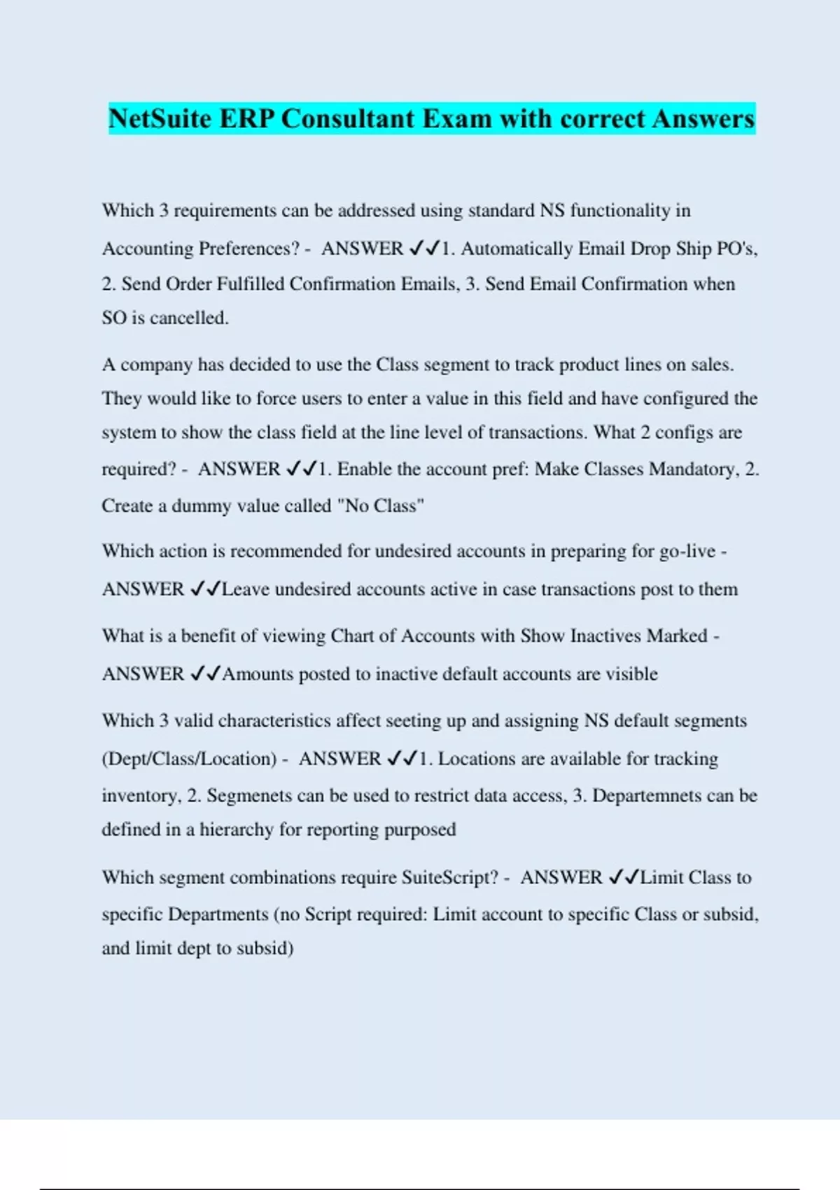 NetSuite ERP Consultant Exam with correct Answers Netsuite