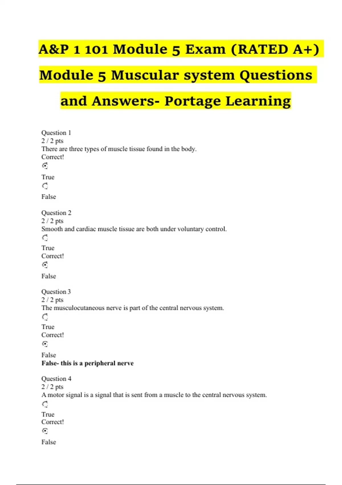 A&P 1 101 Module 5 Exam (RATED A+) Module 5 Muscular system Questions ...