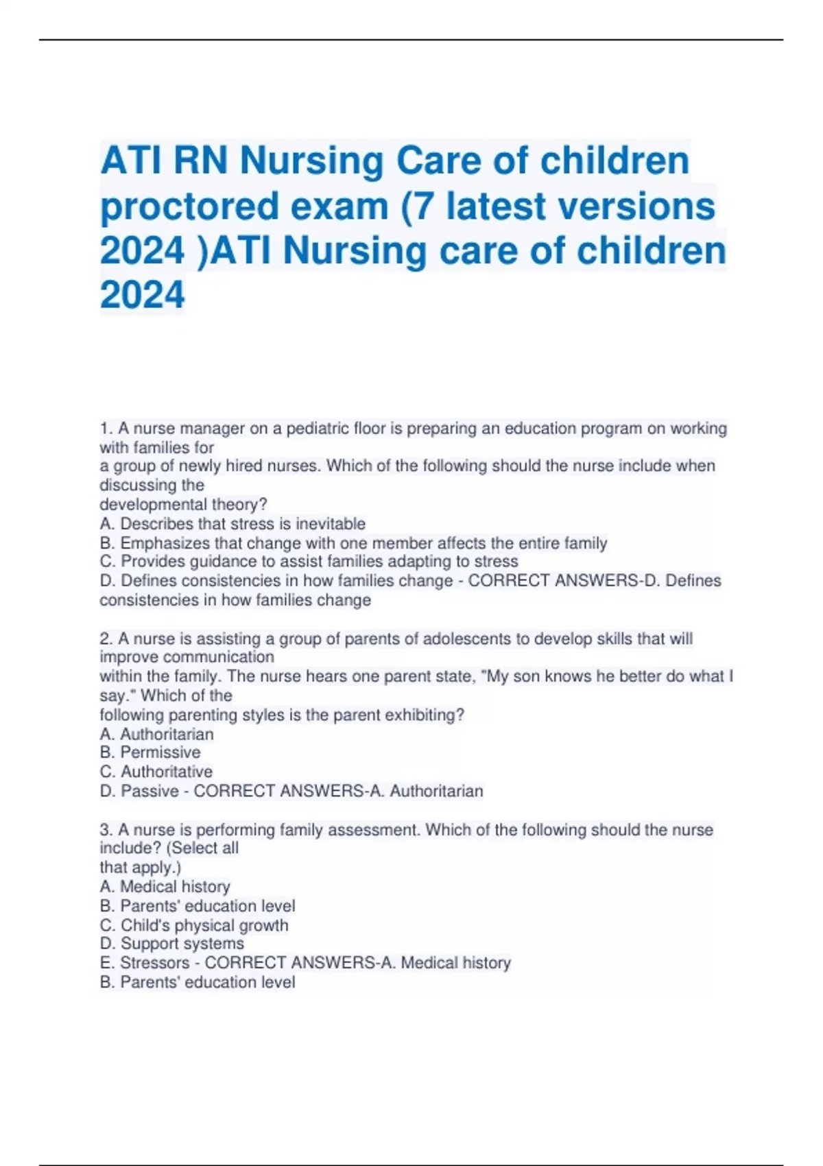 ATI RN Nursing Care of children proctored exam (7 latest versions 2024 ...
