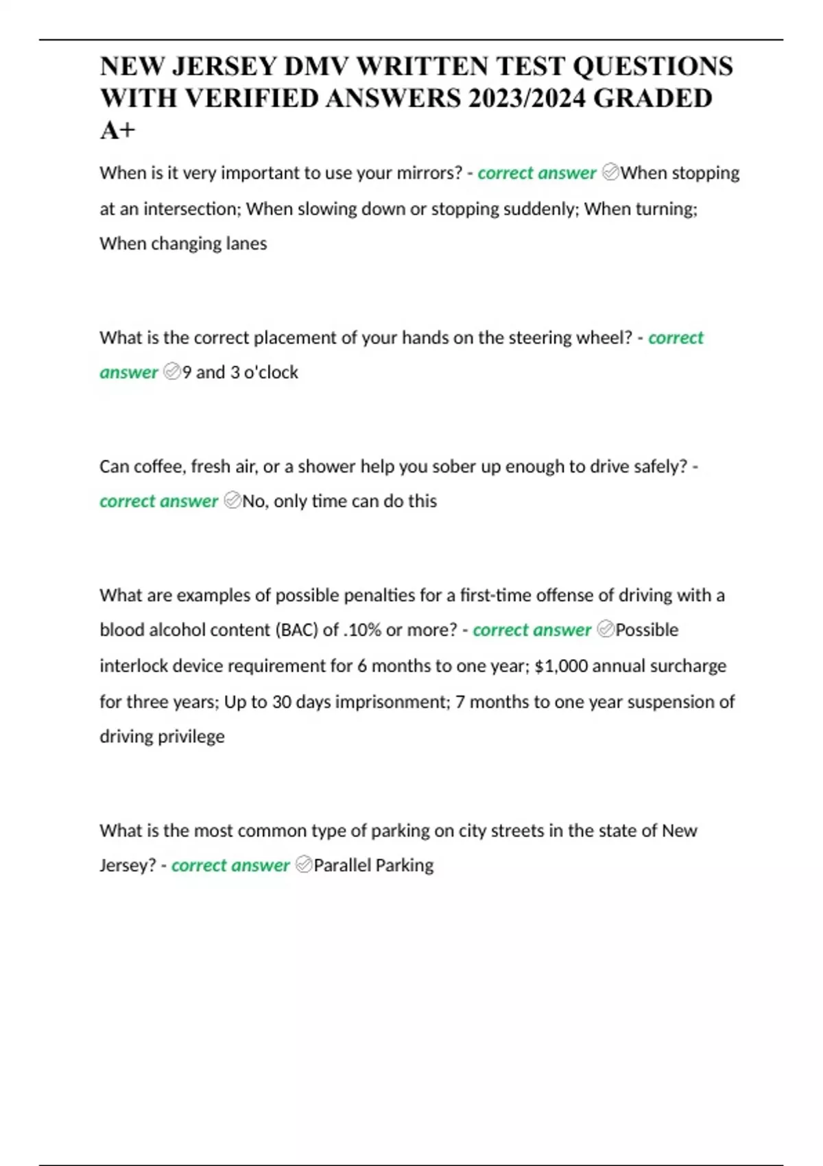 Summary NEW JERSEY DMV WRITTEN TEST QUESTIONS WITH VERIFIED ANSWERS