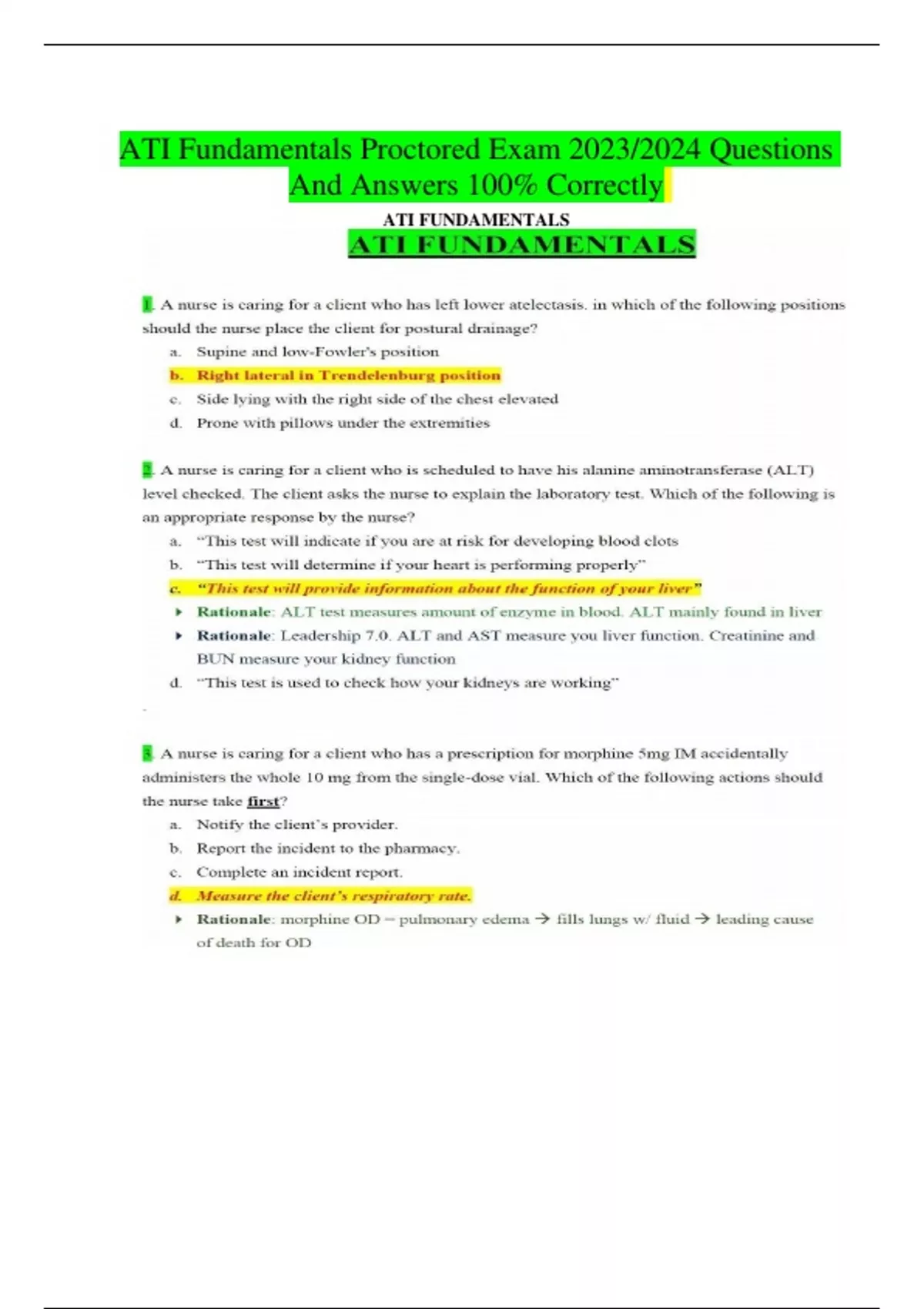 ATI Fundamentals Proctored Exam 2023/2024 Questions And Answers 100 Correctly ATI FUNDAMENTALS