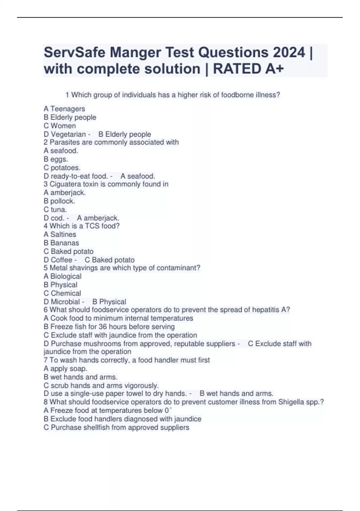 ServSafe Manger Test Questions 2024 with complete solution RATED A+