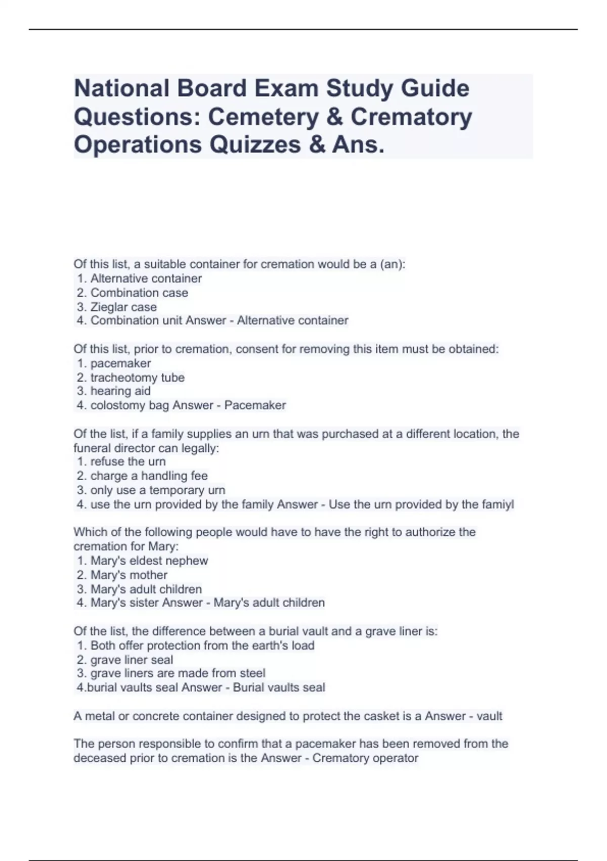 National Board Exam Study Guide Questions Cemetery & Crematory Operations Quizzes & Ans