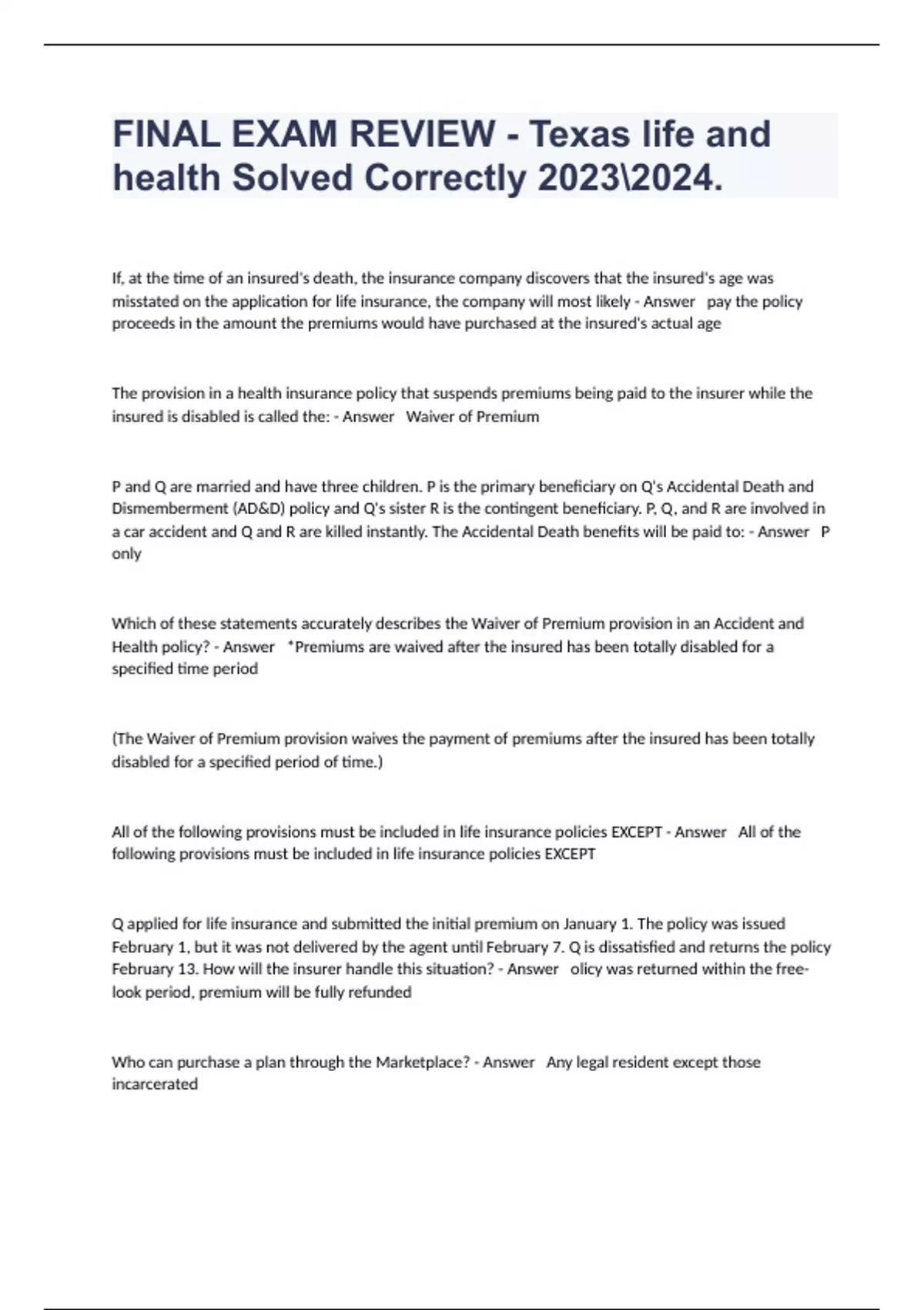 FINAL EXAM REVIEW Texas life and health Solved Correctly . Texas