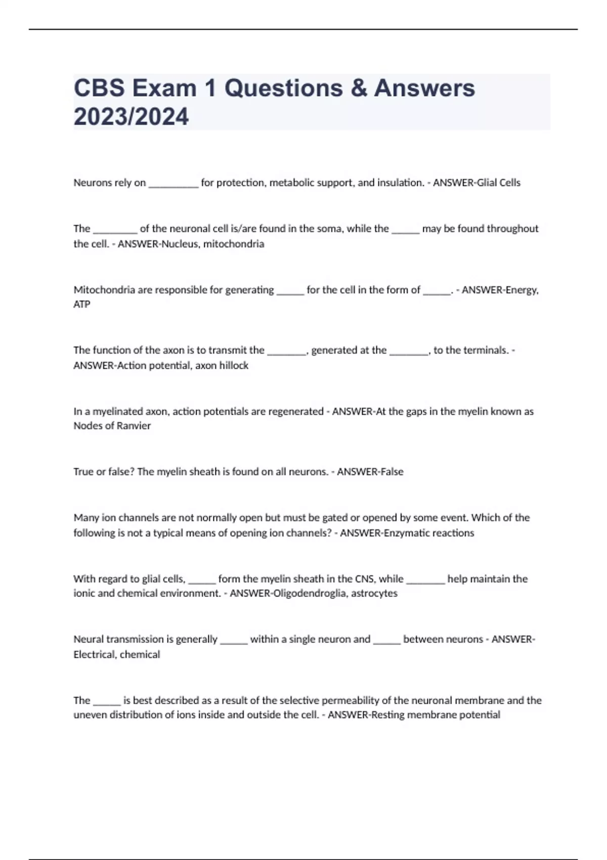 CBS Exam 1 Questions & Answers 2023/2024 - CBS - Stuvia US