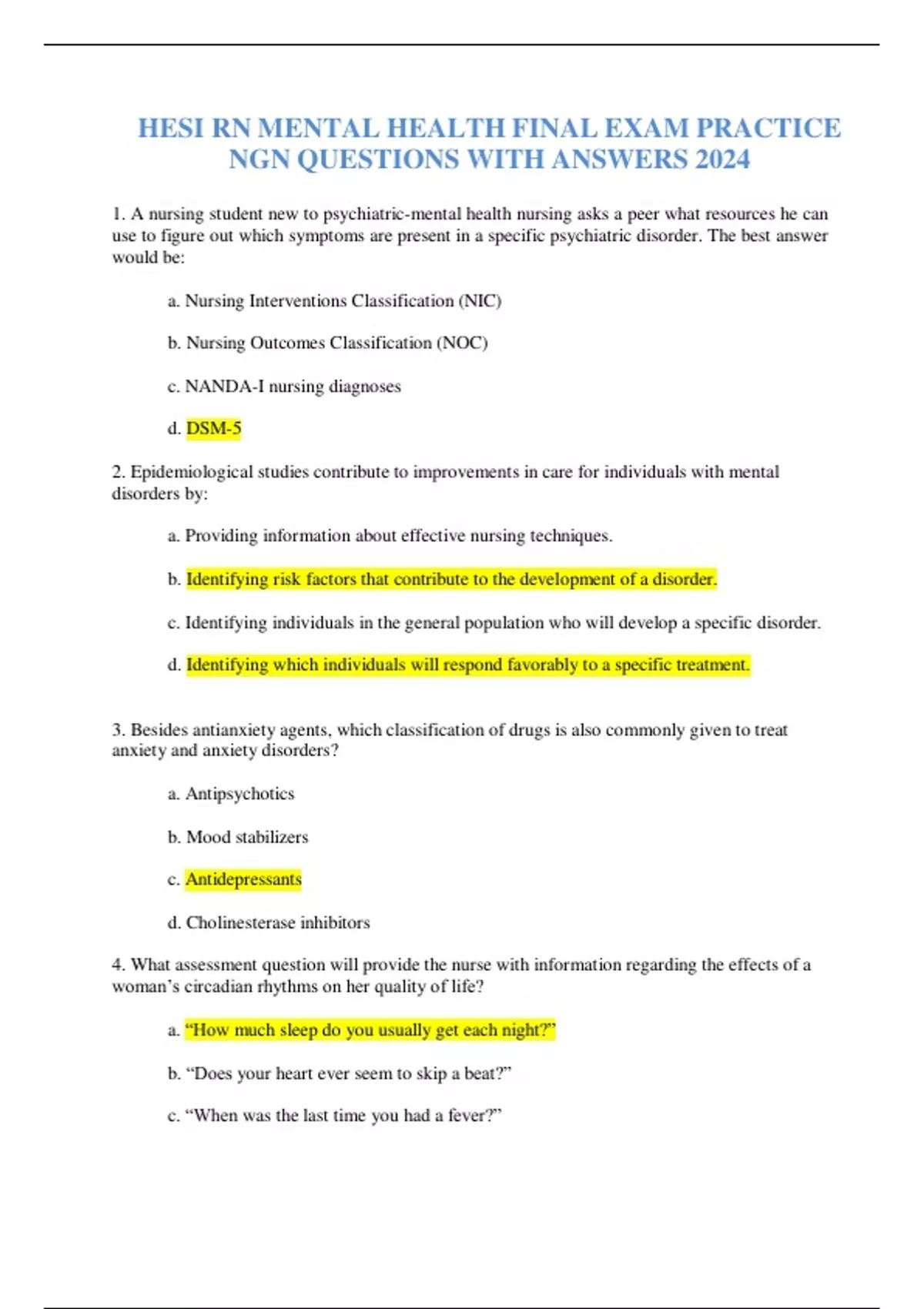 HESI RN MENTAL HEALTH FINAL EXAM PRACTICE NGN QUESTIONS WITH ANSWERS 2024 - HESI RN MENTAL ...