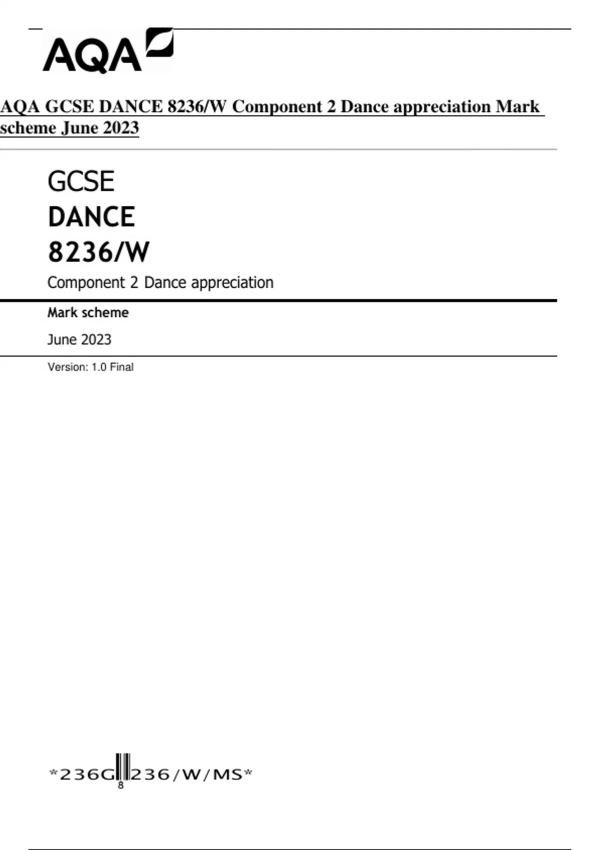 AQA GCSE DANCE 8236/W Component 2 Dance appreciation Mark scheme June