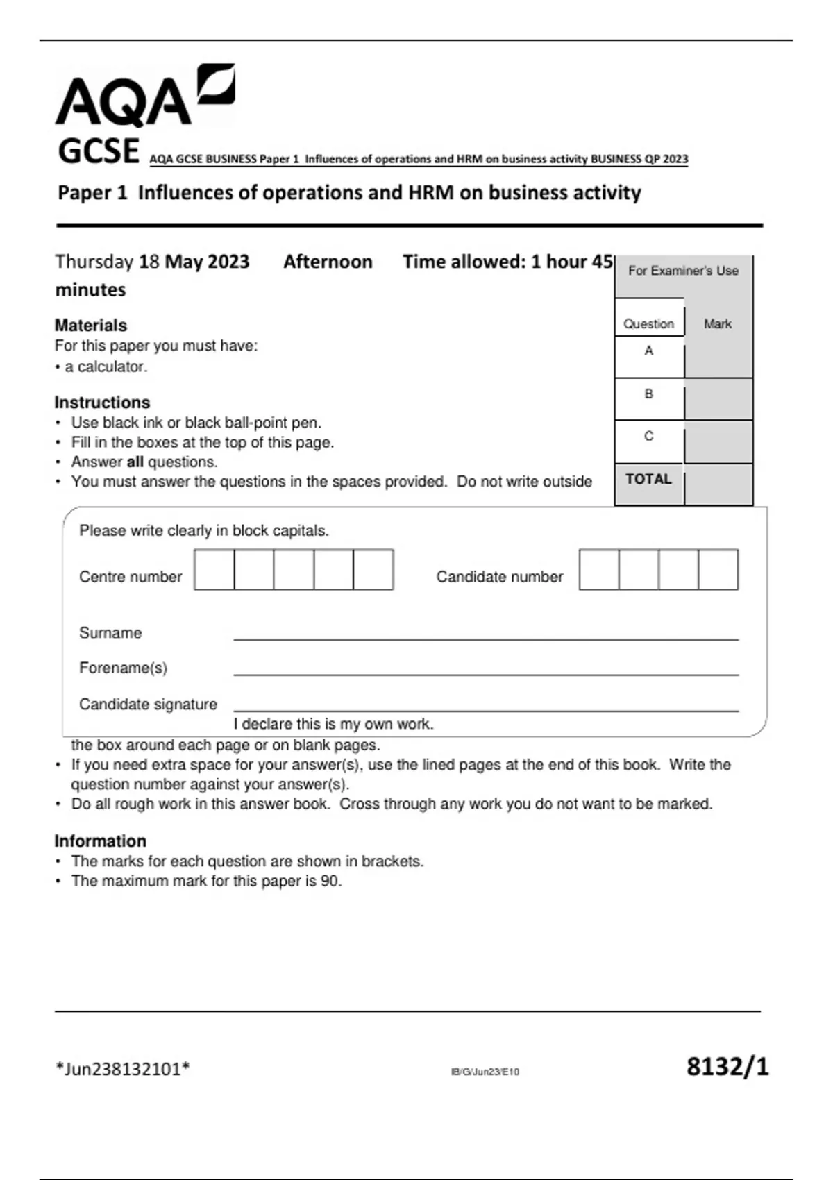 AQA GCSE BUSINESS Paper 1 Influences of operations and HRM on business