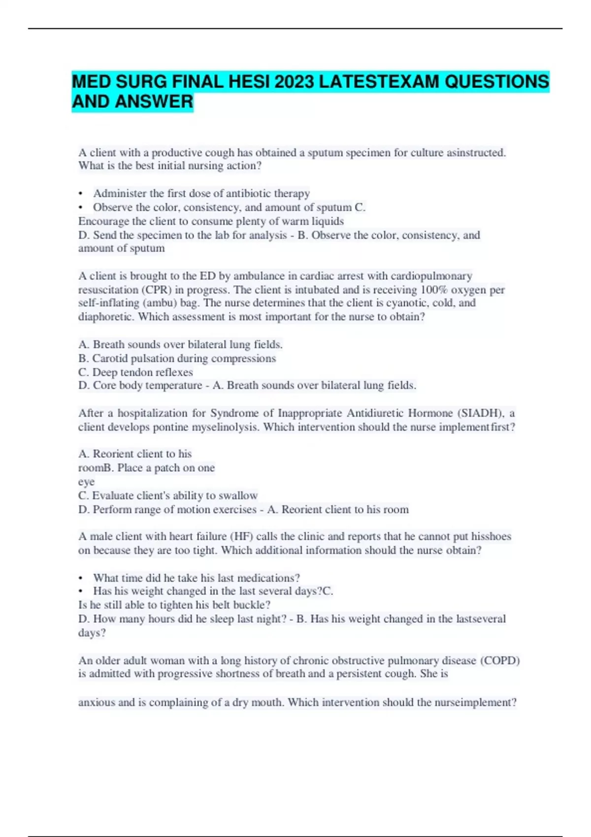 MED SURG FINAL HESI 2023 LATEST EXAM QUESTIONS AND ANSWER - Med surg ...