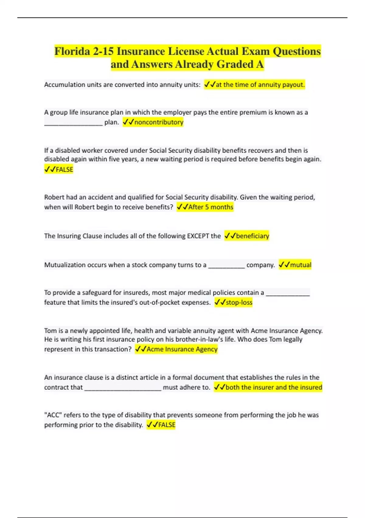 Florida 2-15 Insurance License Actual Exam Questions and Answers ...