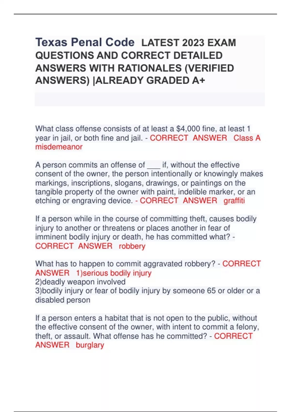 Texas Penal Code LATEST 2023 EXAM QUESTIONS AND CORRECT DETAILED