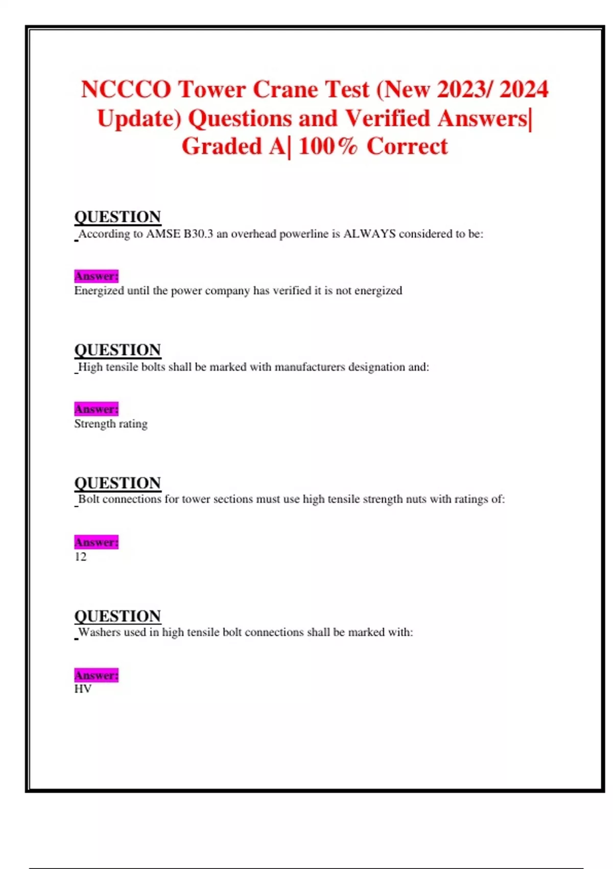 NCCCO Tower Crane Test (New 2023/ 2024 Update) Questions and Verified Answers Graded A 100