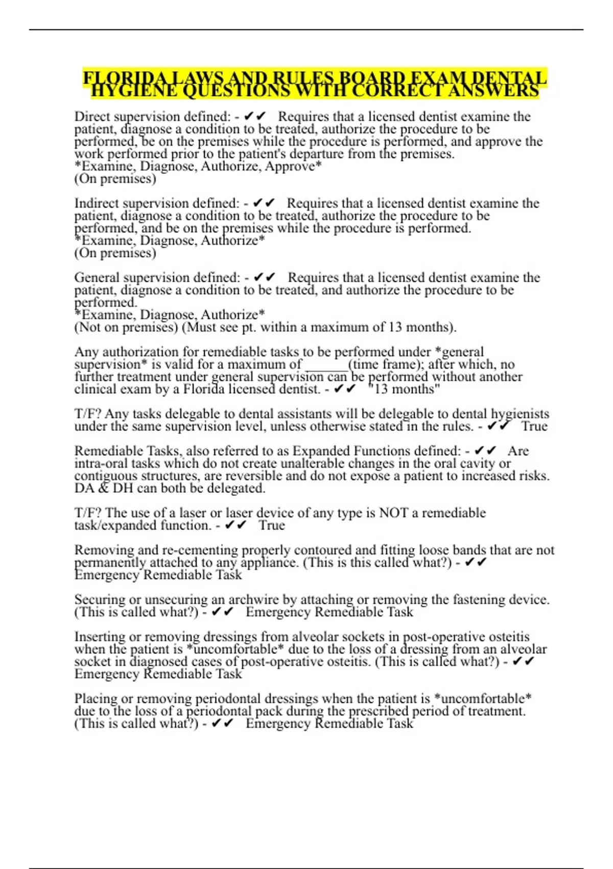 FLORIDA LAWS AND RULES BOARD EXAM DENTAL HYGIENE QUESTIONS WITH CORRECT