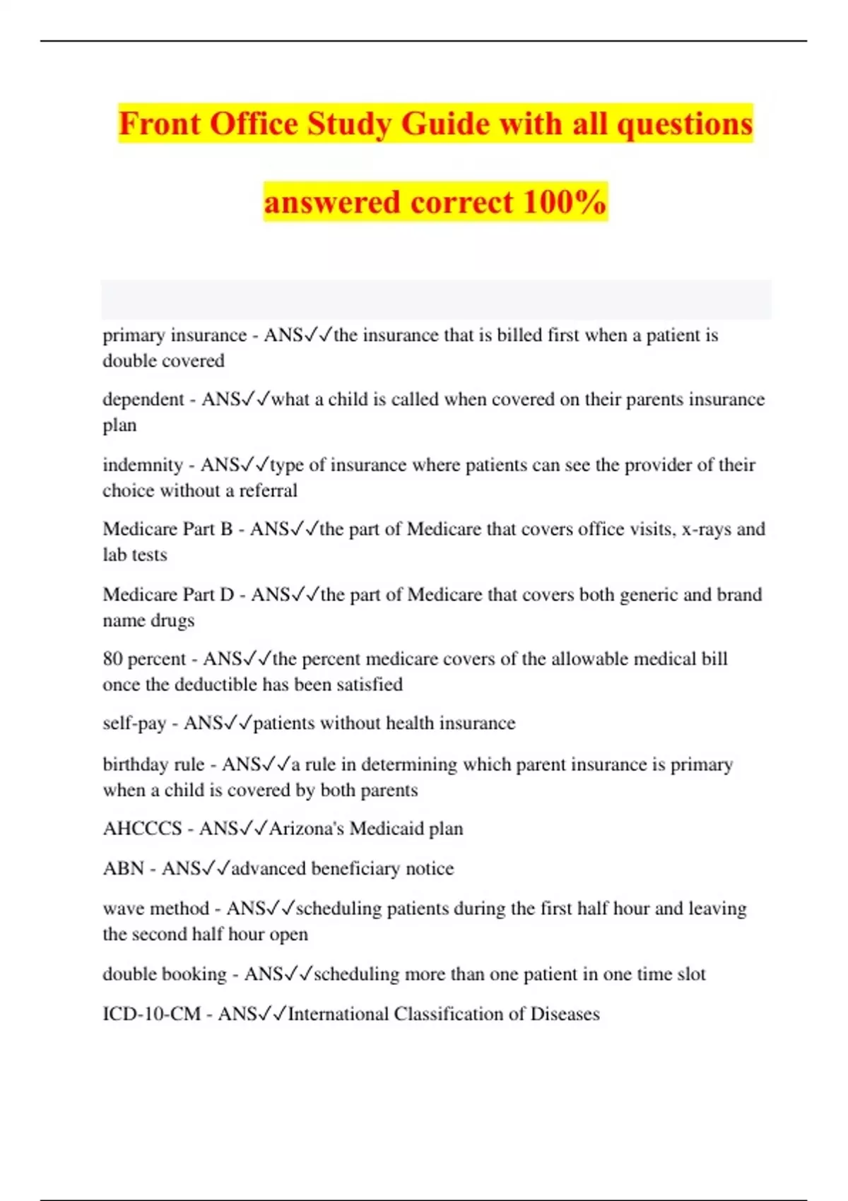 Front Office Study Guide with all questions answered correct 100% ...