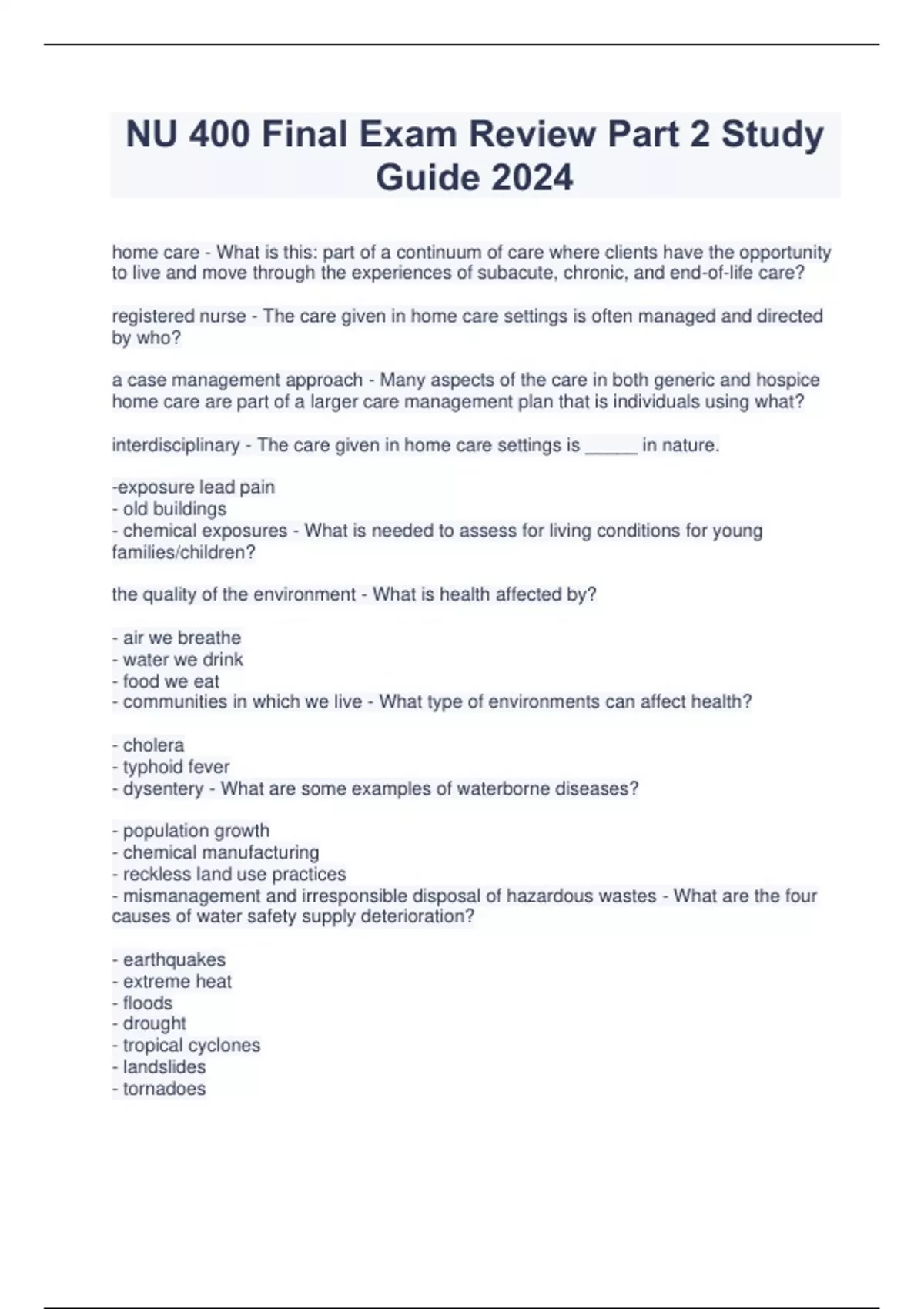NU 400 Final Exam Review Part 2 Study Guide 2024 - NU 400. - Stuvia US