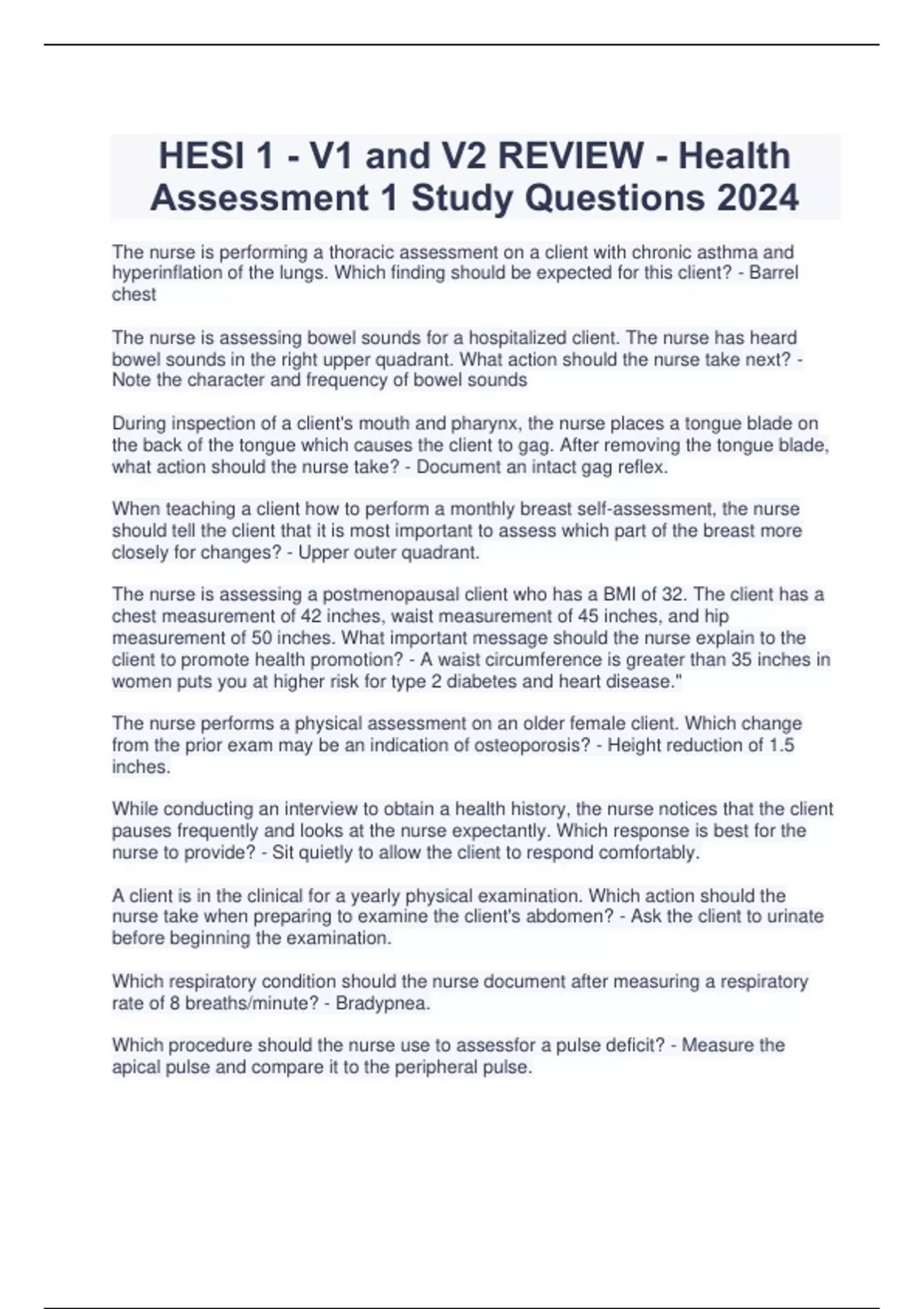 HESI 1 - V1 and V2 REVIEW - Health Assessment 1 Study Questions 2024 ...