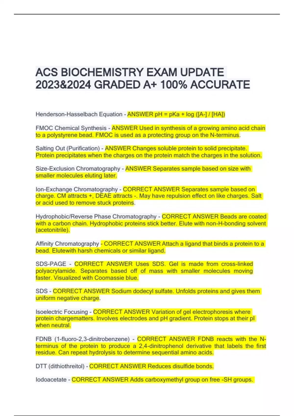 ACS BIOCHEMISTRY EXAM UPDATE 2023&2024 GRADED A+ 100 ACCURATE ACS