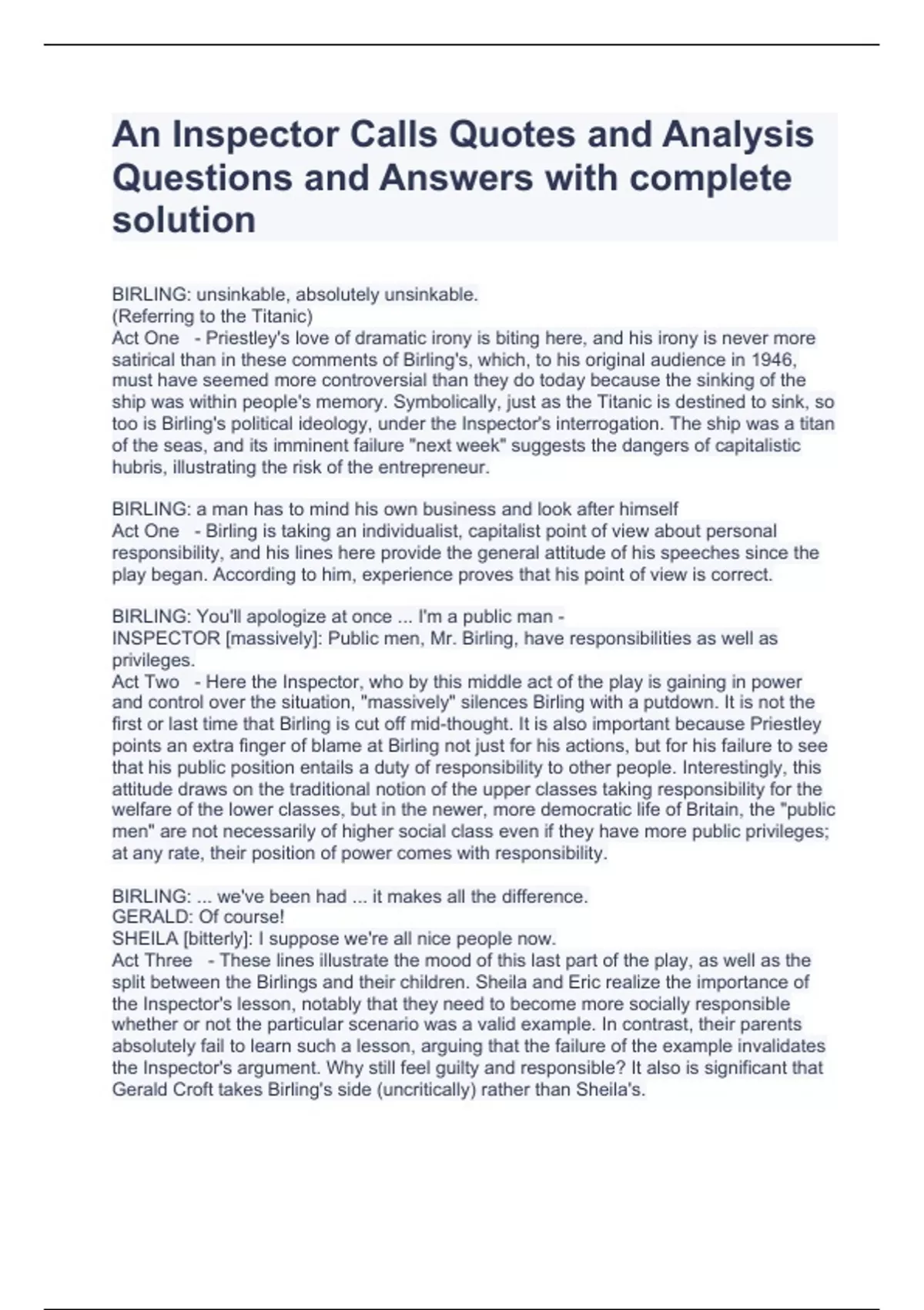 An Inspector Calls Quotes and Analysis Questions and Answers with