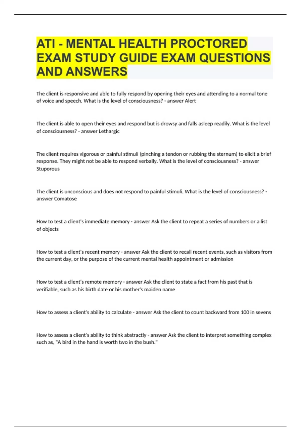 ATI - MENTAL HEALTH PROCTORED EXAM STUDY GUIDE EXAM QUESTIONS AND ...