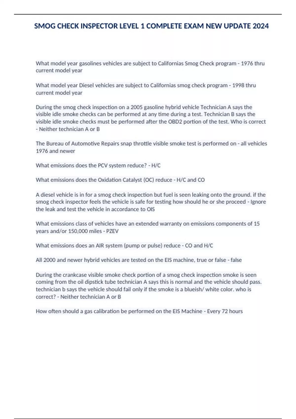 SMOG CHECK INSPECTOR LEVEL 1 COMPLETE EXAM NEW UPDATE 2024 Smog Stuvia US