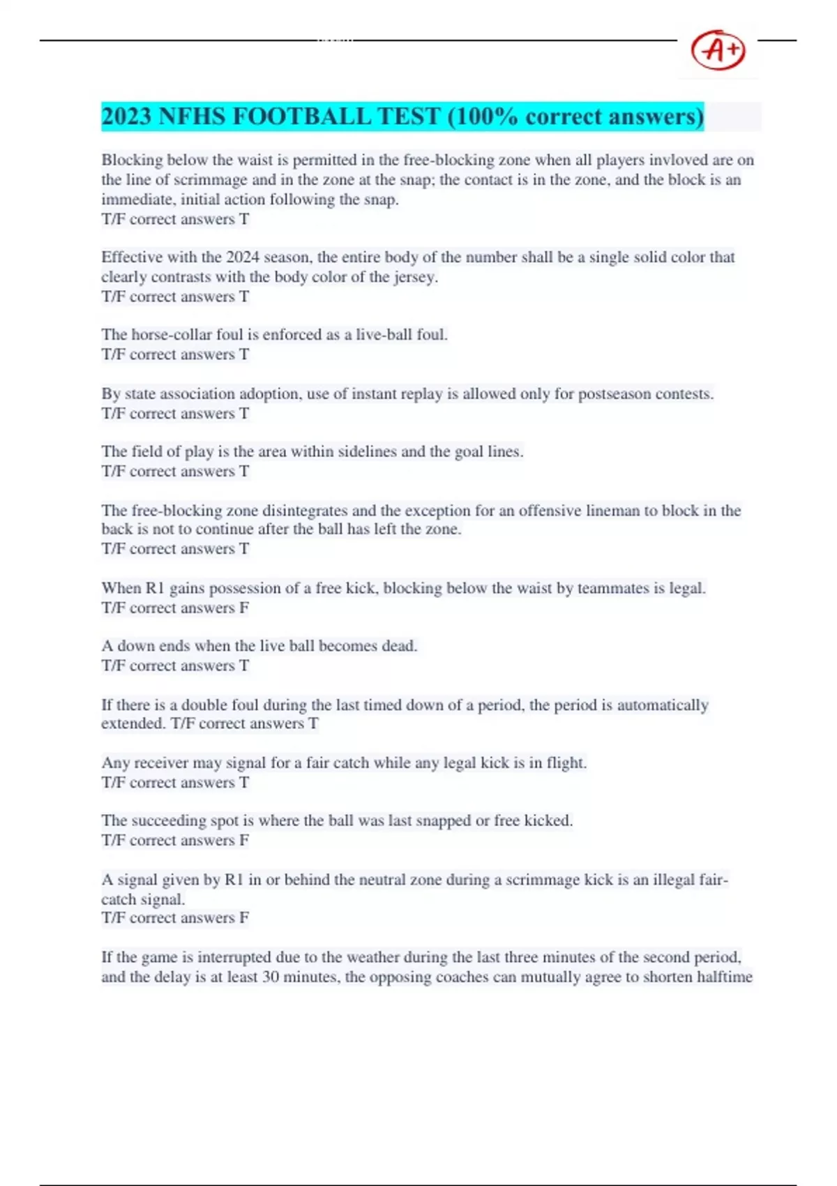 NFHS FOOTBALL TEST EXAM 2023 WITH 100 CORRECT ANSWERS NFHS Football