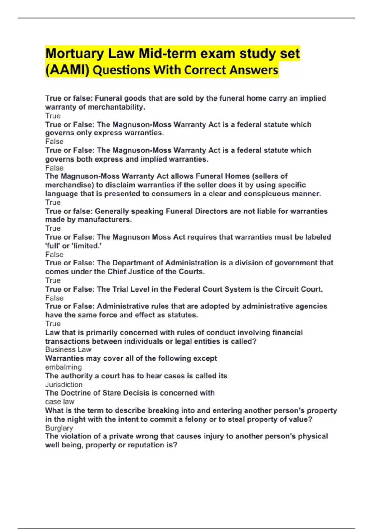 Mortuary Law Midterm exam study set (AAMI) Questions With Correct