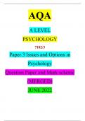  AQA A LEVEL PSYCHOLOGY 7182/3 Paper 3 Issues and Options in Psychology Question Paper and Mark scheme  Guaranteed Success