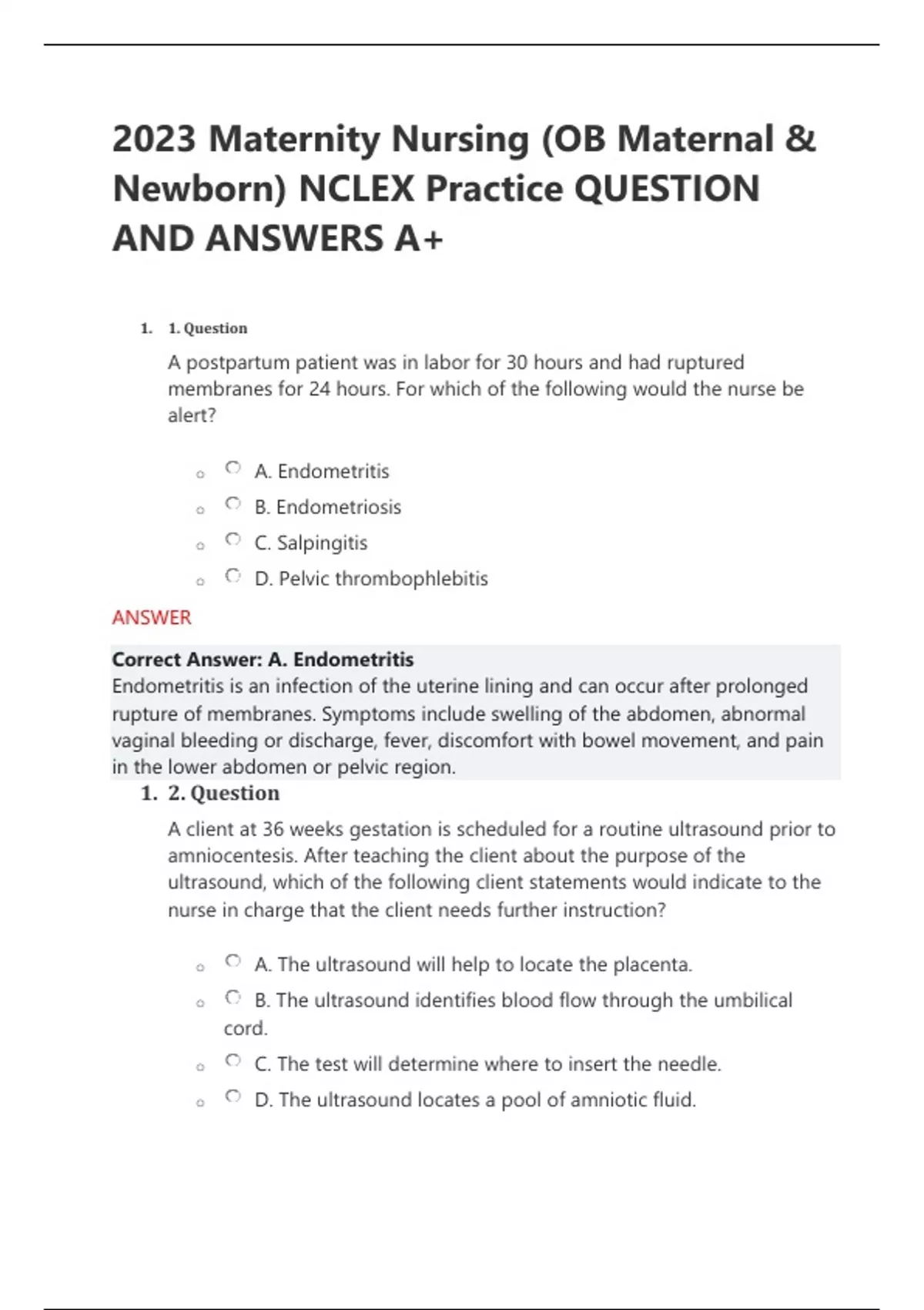 2023 Maternity Nursing (OB Maternal & Newborn) NCLEX Practice QUESTION
