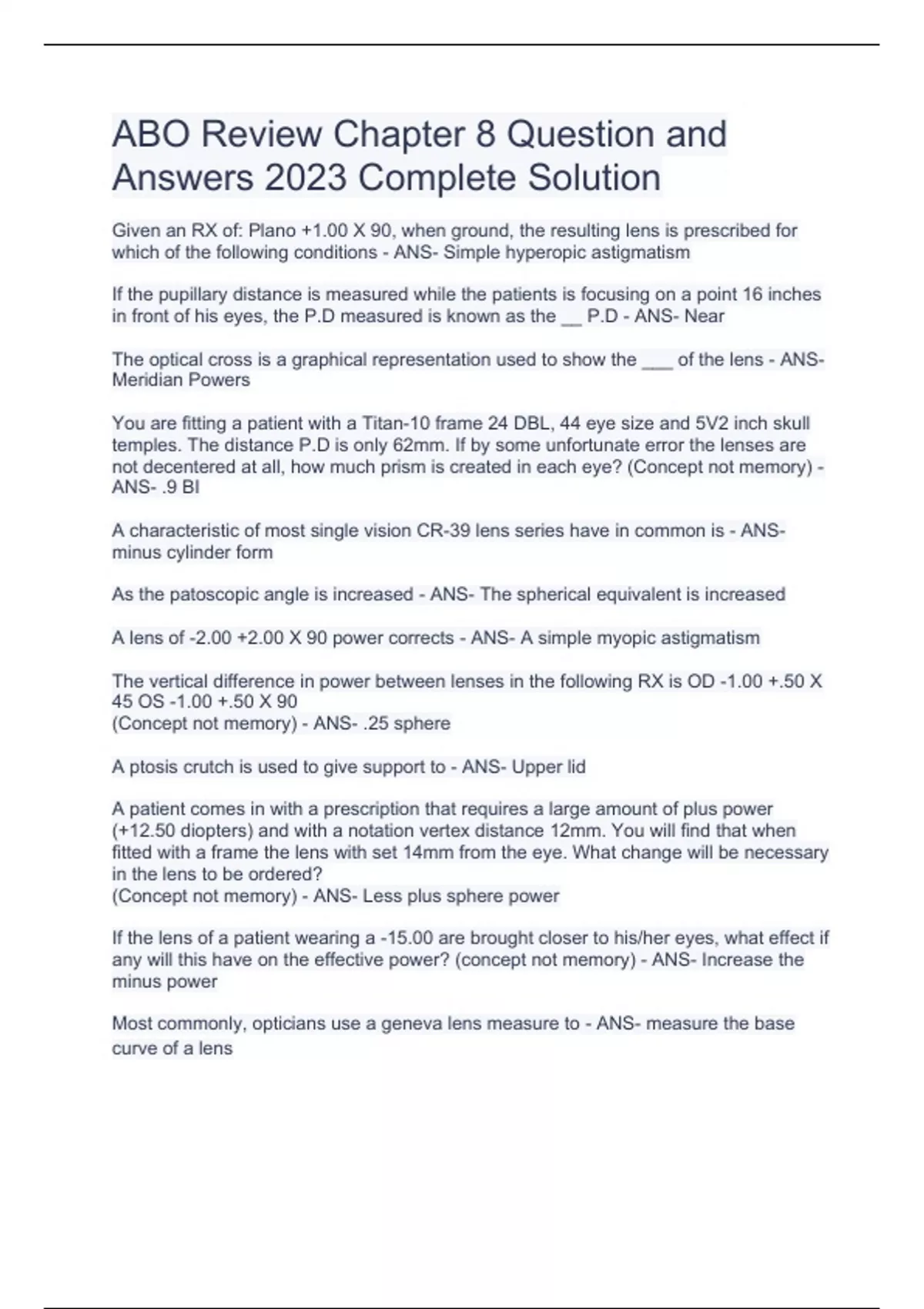 ABO Review Chapter 8 Question and Answers 2023 Complete Solution ABO