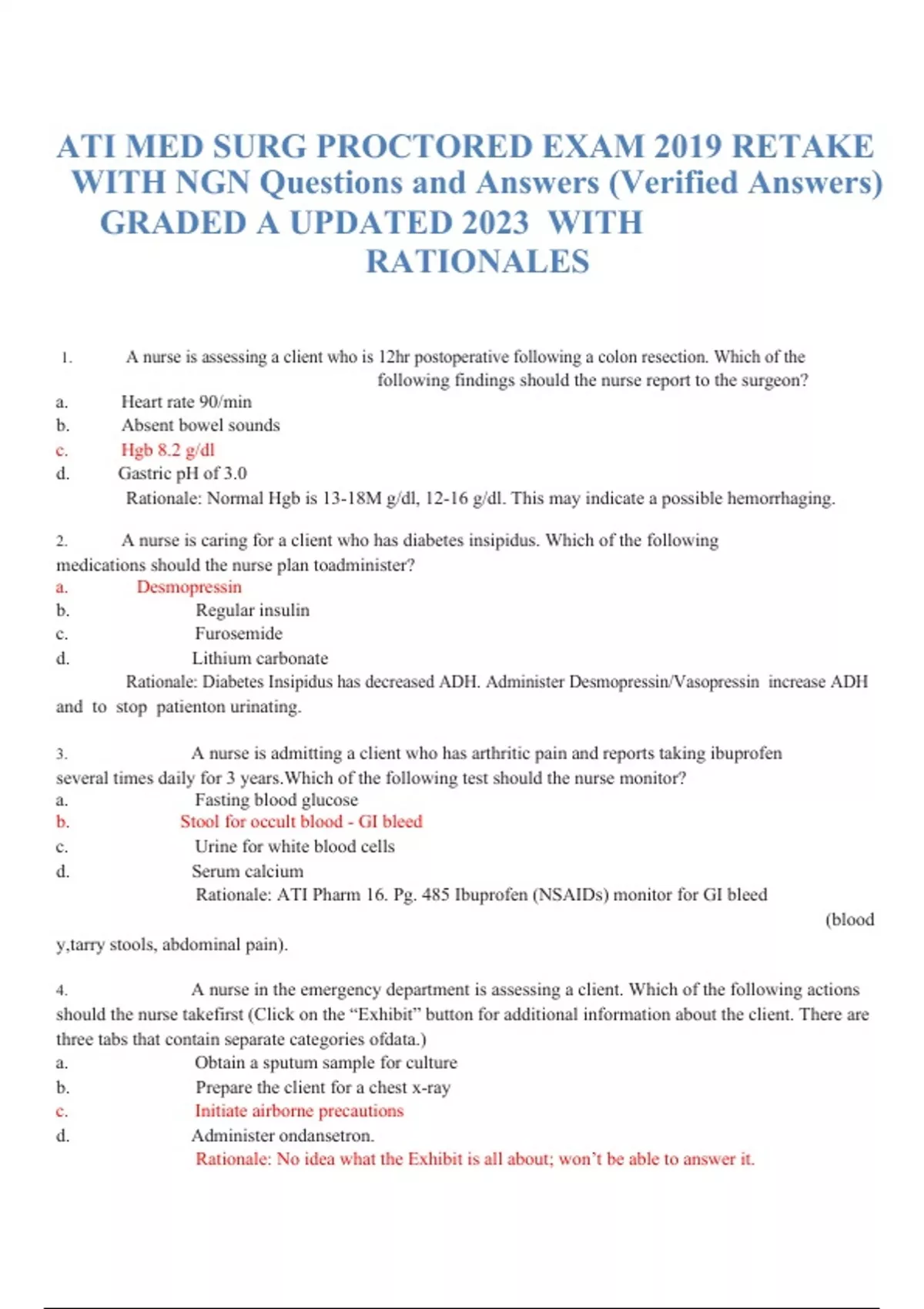 ATI MED SURG PROCTORED EXAM 2019 RETAKE WITH NGN Questions and Answers ...