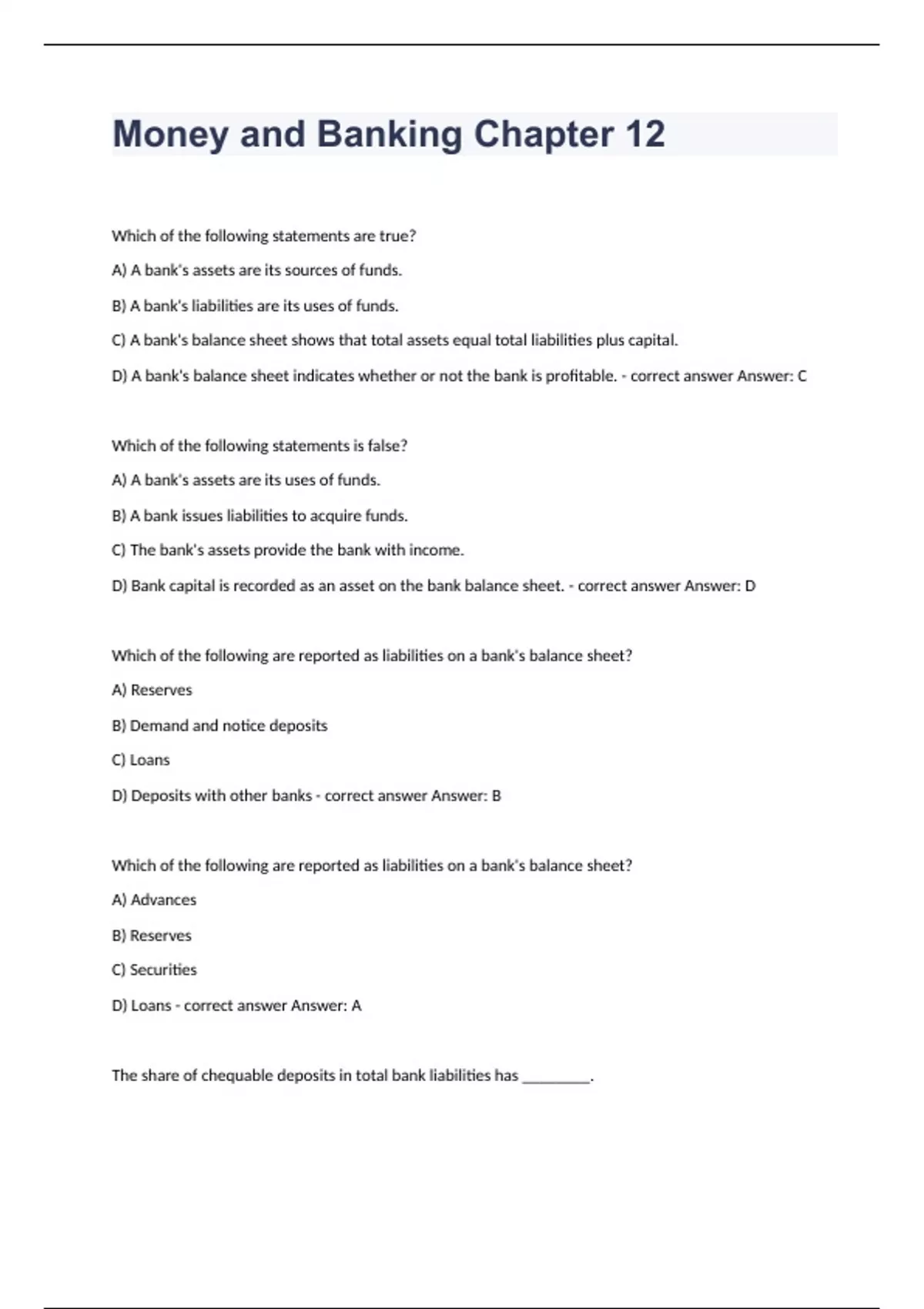 Money and Banking Chapter 12 Question and answers already passed 2023/