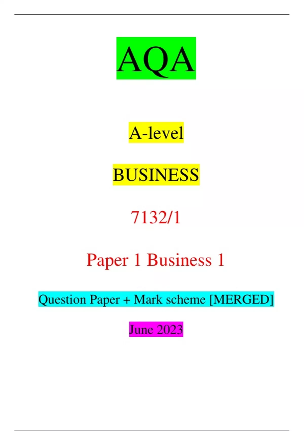 AQA Alevel BUSINESS 7132/1 Paper 1 Business 1 Question Paper + Mark scheme [MERGED] June 2023