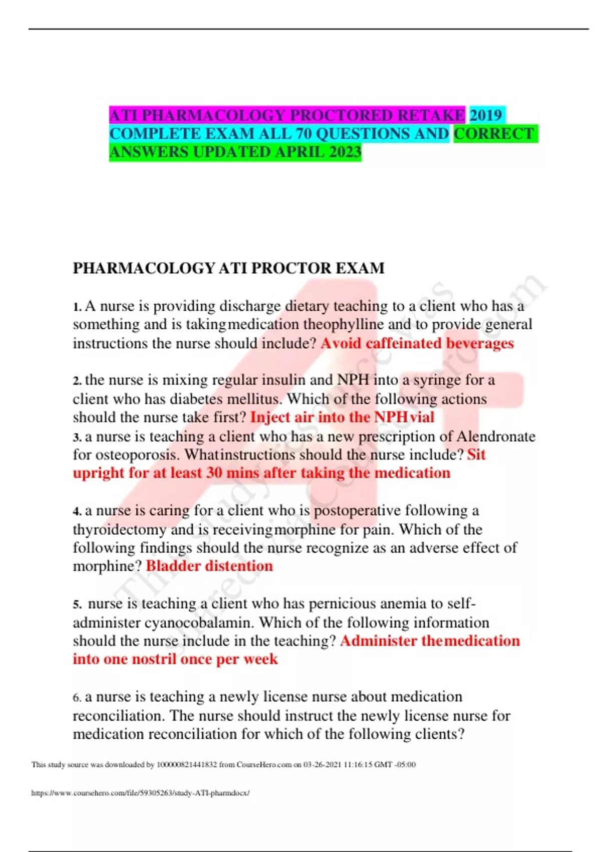 ATI PHARMACOLOGY PROCTORED RETAKE 2019 COMPLETE EXAM ALL 70 QUESTIONS ...