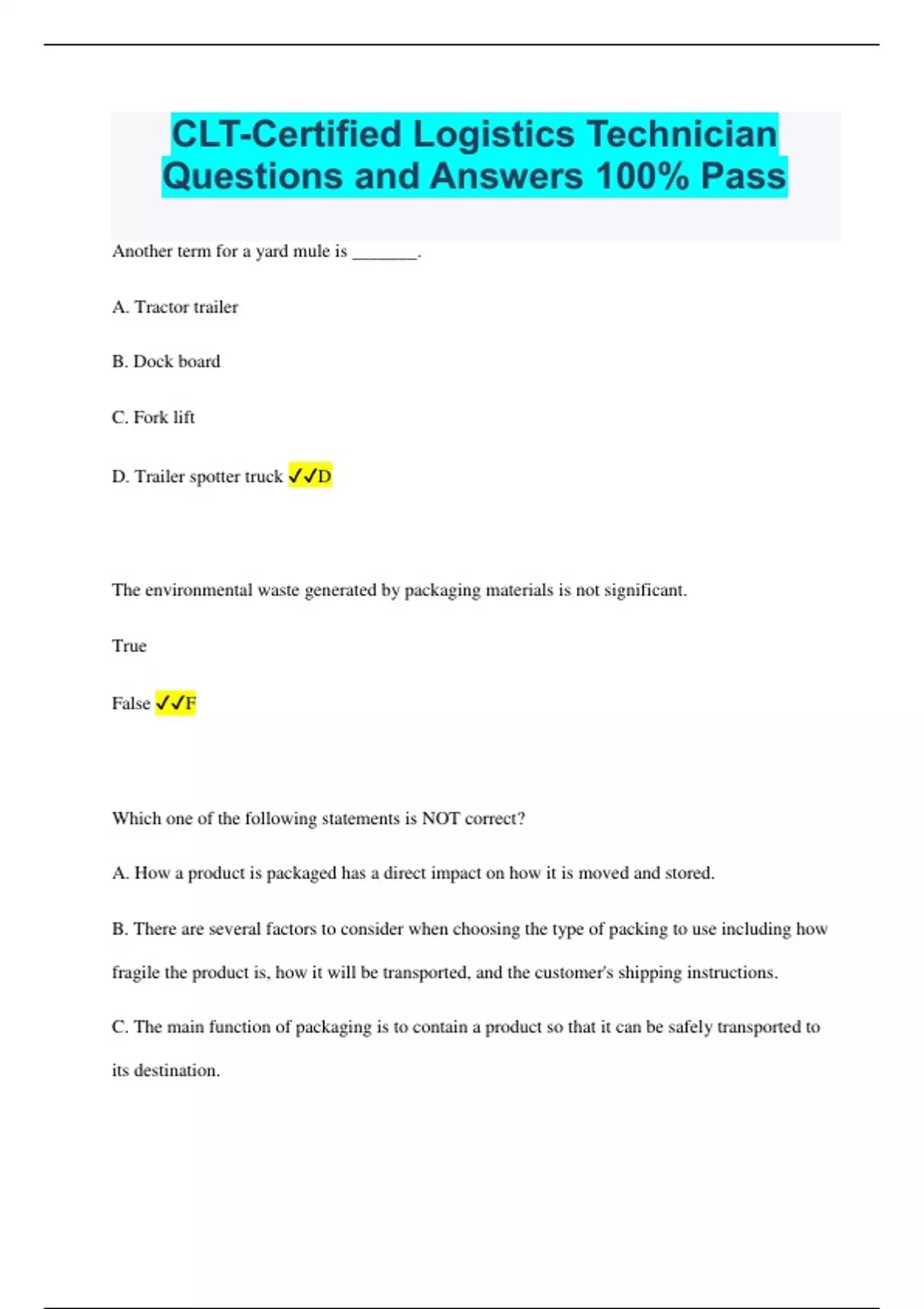 CLTCertified Logistics Technician Questions and Answers 100 Pass