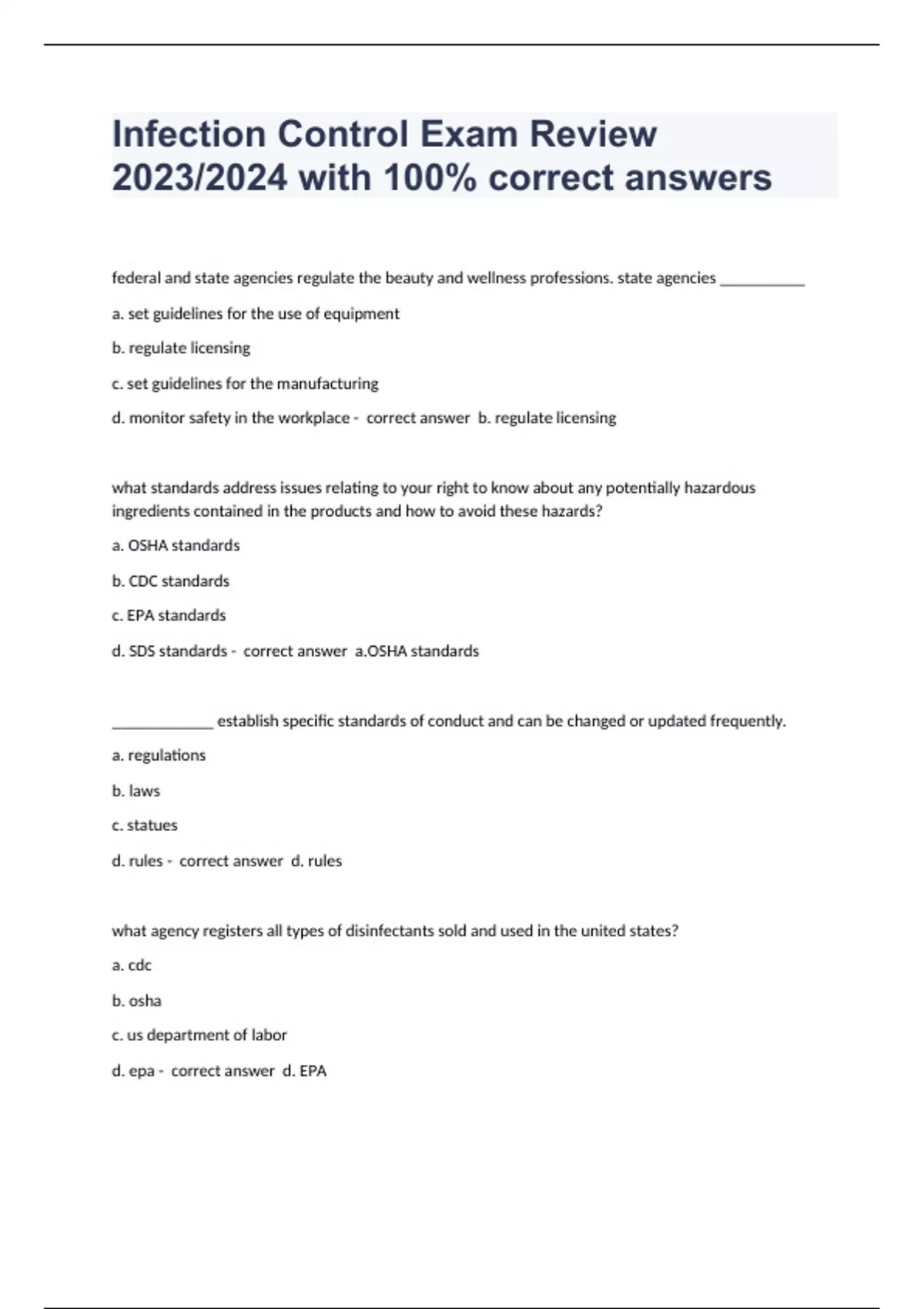 Infection Control Exam Review 2023/2024 with 100 correct answers