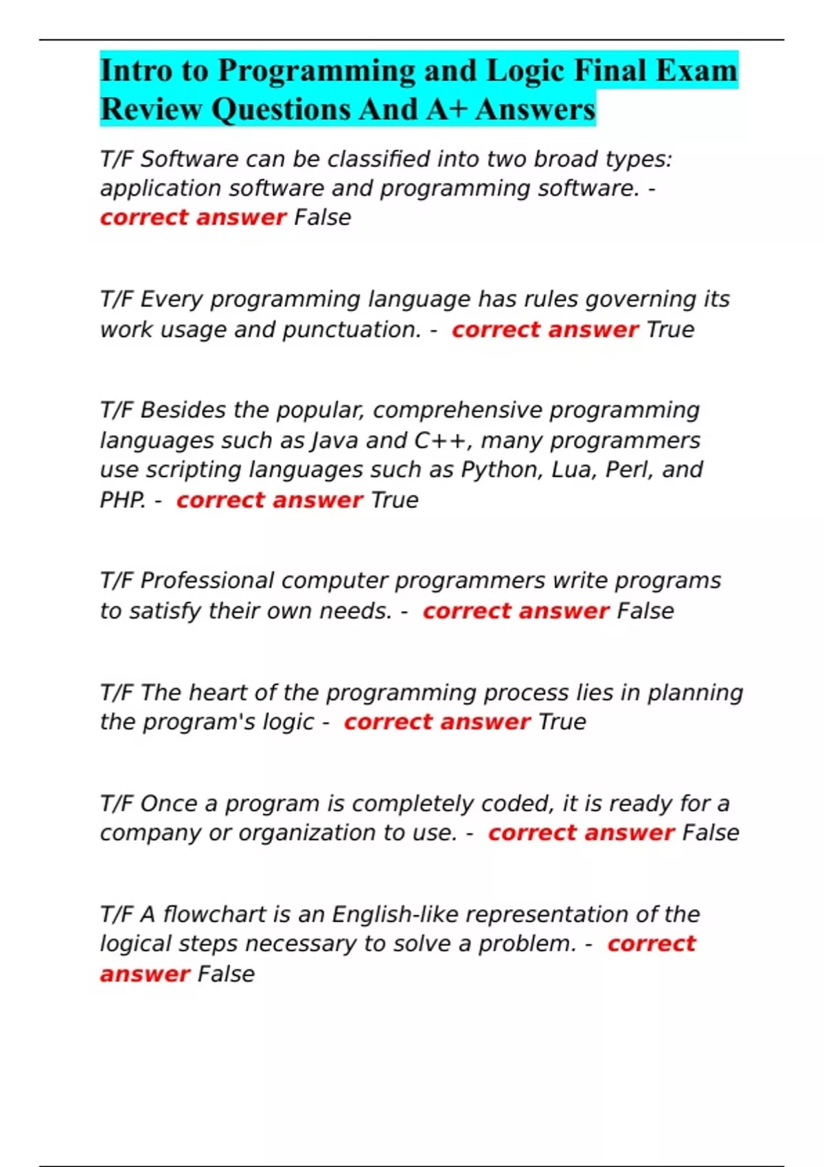 Intro to Programming and Logic Final Exam Review Questions And A+ ...