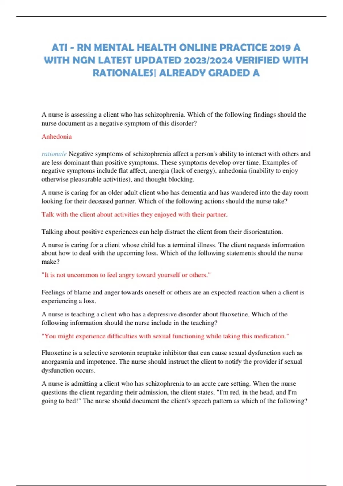 ATI - RN MENTAL HEALTH ONLINE PRACTICE 2019 A WITH NGN LATEST UPDATED
