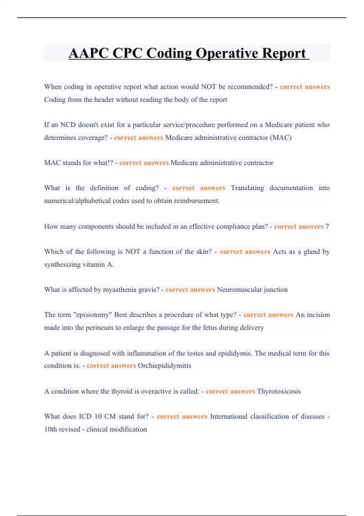 AAPC CPC Coding Operative Report Questions and answers 2023/2024 - AAPC ...