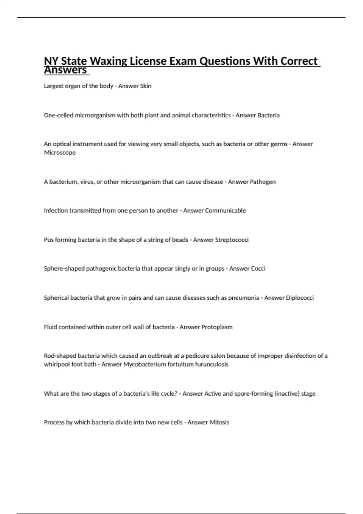 NY State Waxing License Exam Questions With Correct Answers NY State